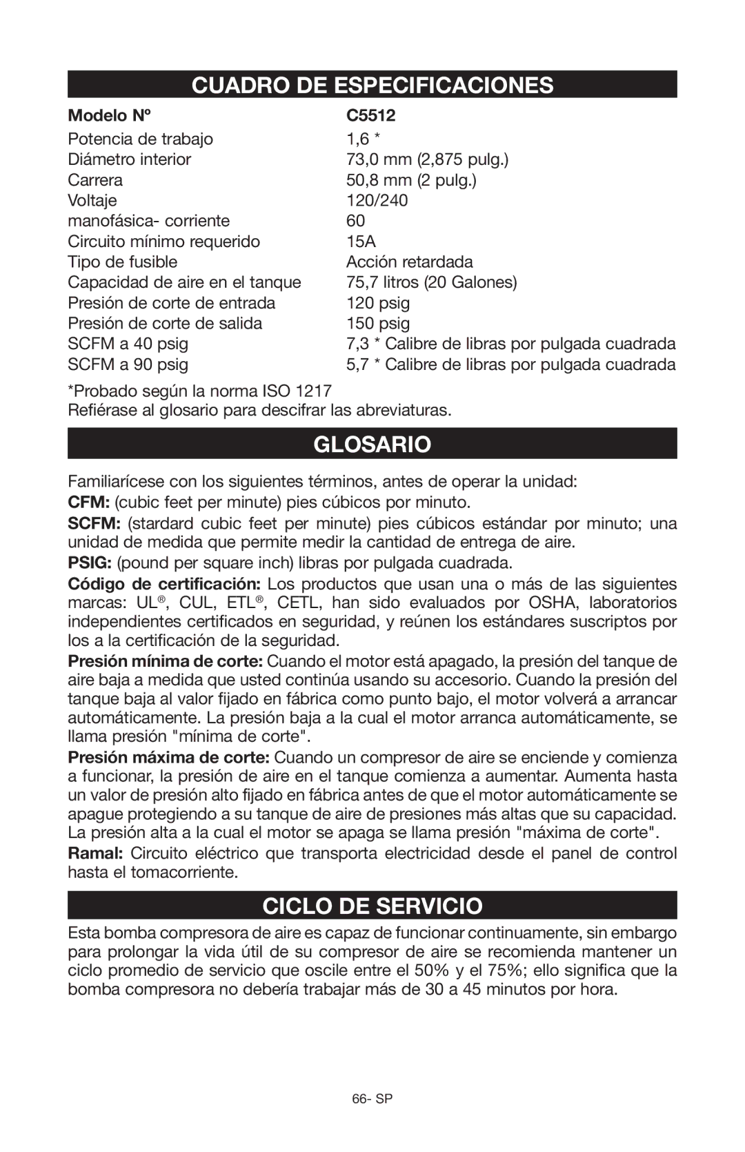 Porter-Cable Air Compressor instruction manual Cuadro DE Especificaciones, Glosario, Ciclo DE Servicio, Modelo Nº C5512 