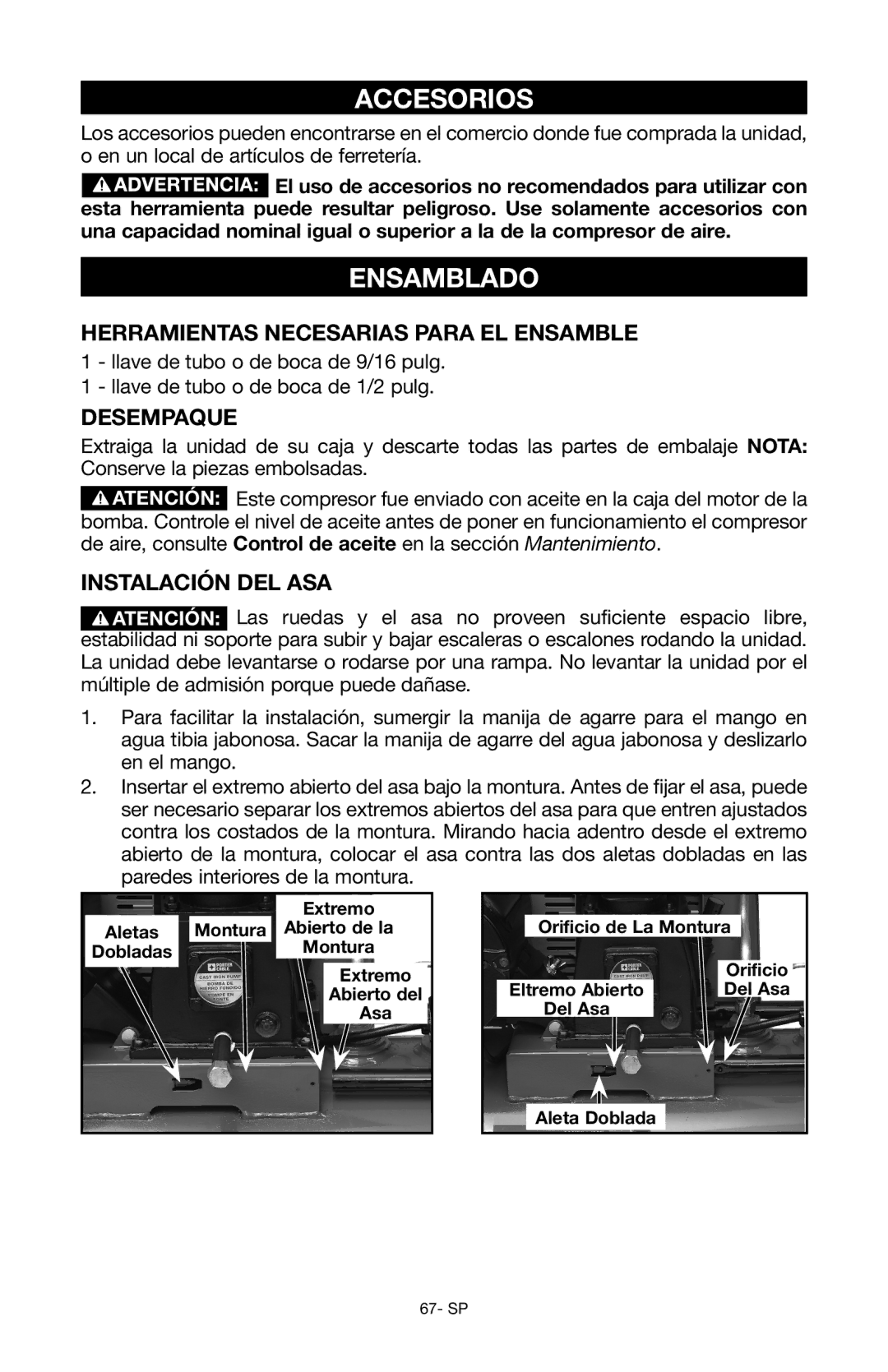 Porter-Cable Air Compressor instruction manual Accesorios, Ensamblado, Herramientas necesarias para el ensamble, Desempaque 