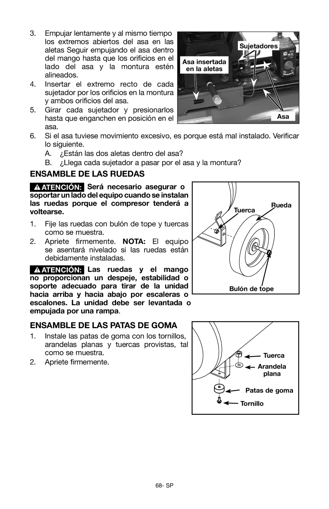 Porter-Cable Air Compressor instruction manual Ensamble de las ruedas, Ensamble de las patas de goma 