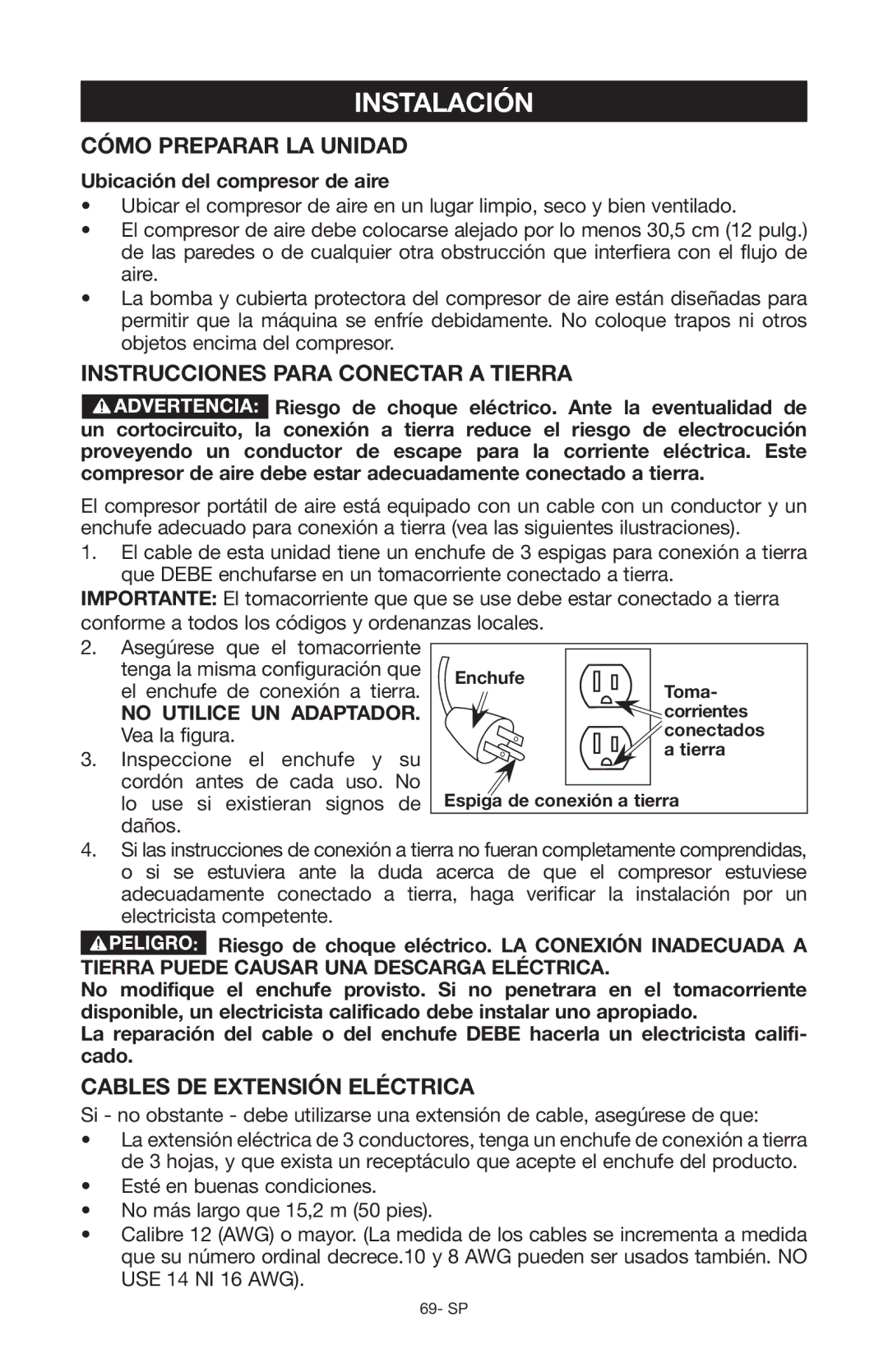 Porter-Cable Air Compressor instruction manual Instalación, Cables de extensión eléctrica, Ubicación del compresor de aire 