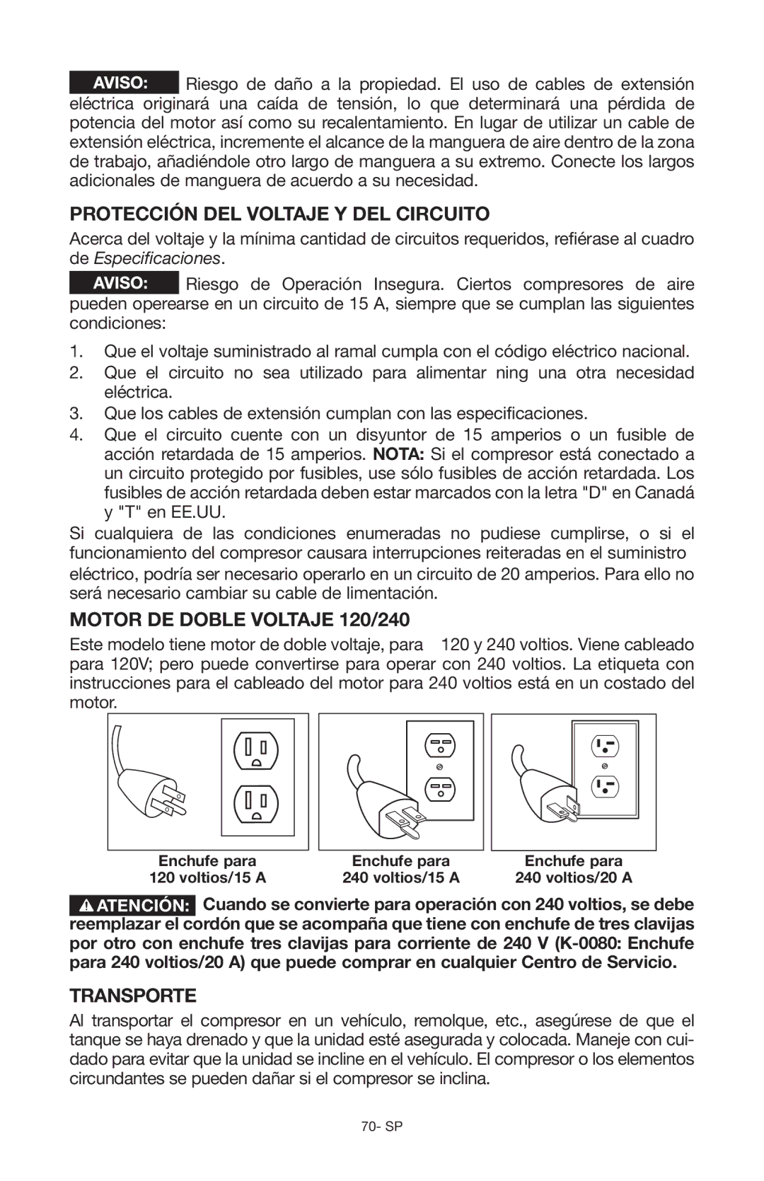 Porter-Cable Air Compressor Protección del voltaje y del circuito, Motor de doble voltaje 120/240, Transporte 