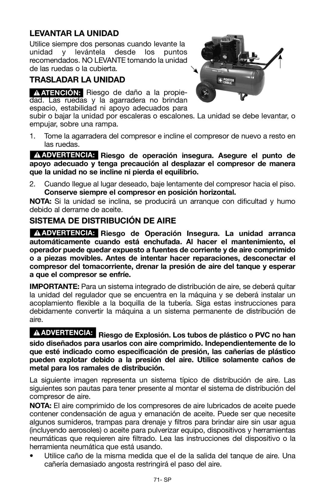 Porter-Cable Air Compressor instruction manual Levantar la Unidad, Trasladar la Unidad, Sistema de distribución de aire 