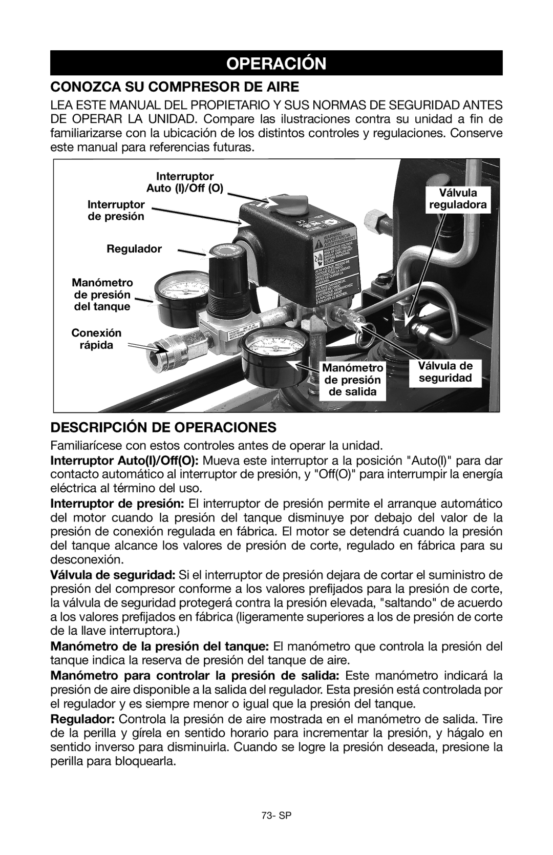 Porter-Cable Air Compressor instruction manual Operación, Conozca su compresor de aire, Descripción de operaciones 