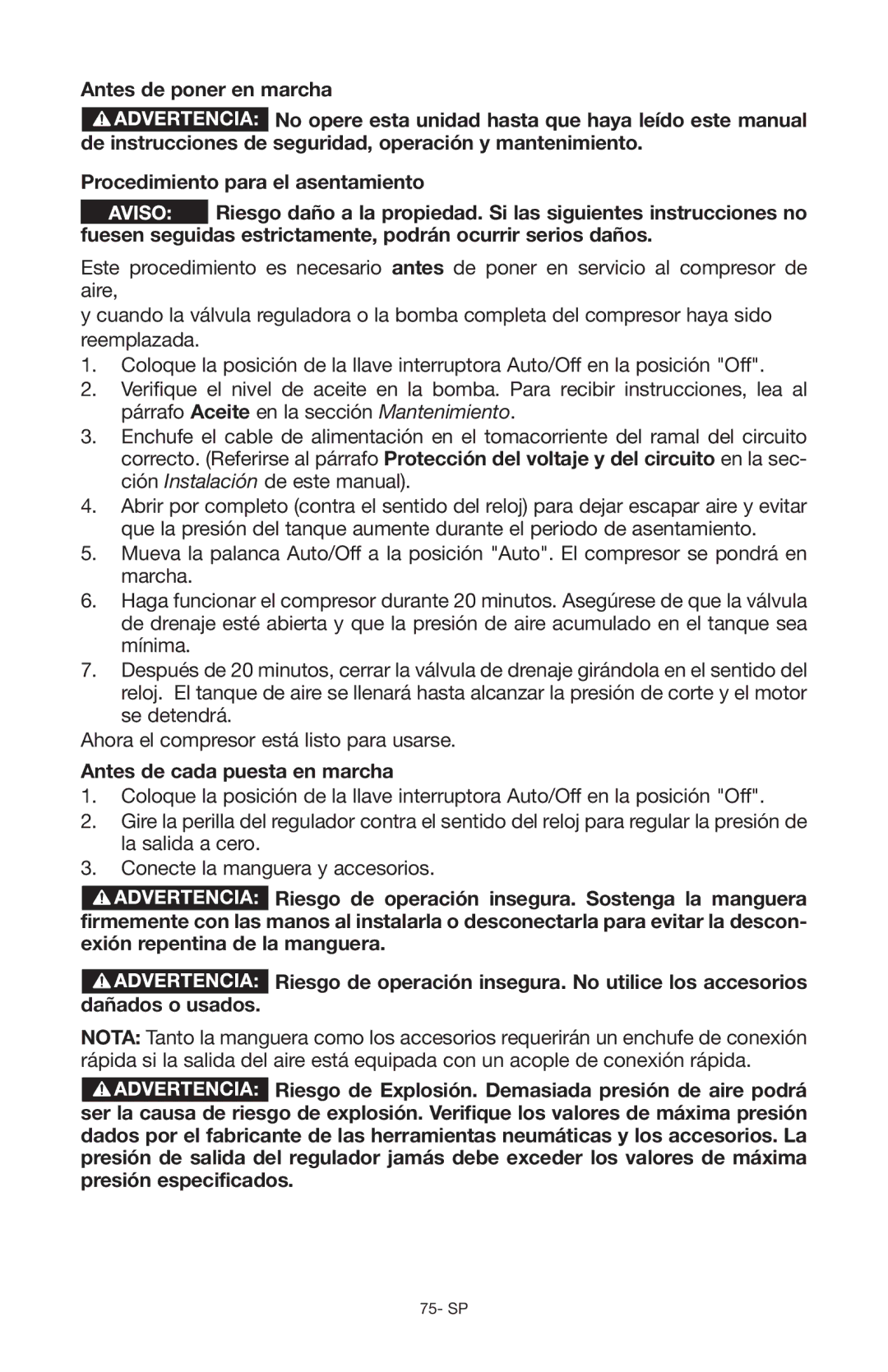 Porter-Cable Air Compressor instruction manual Antes de cada puesta en marcha 