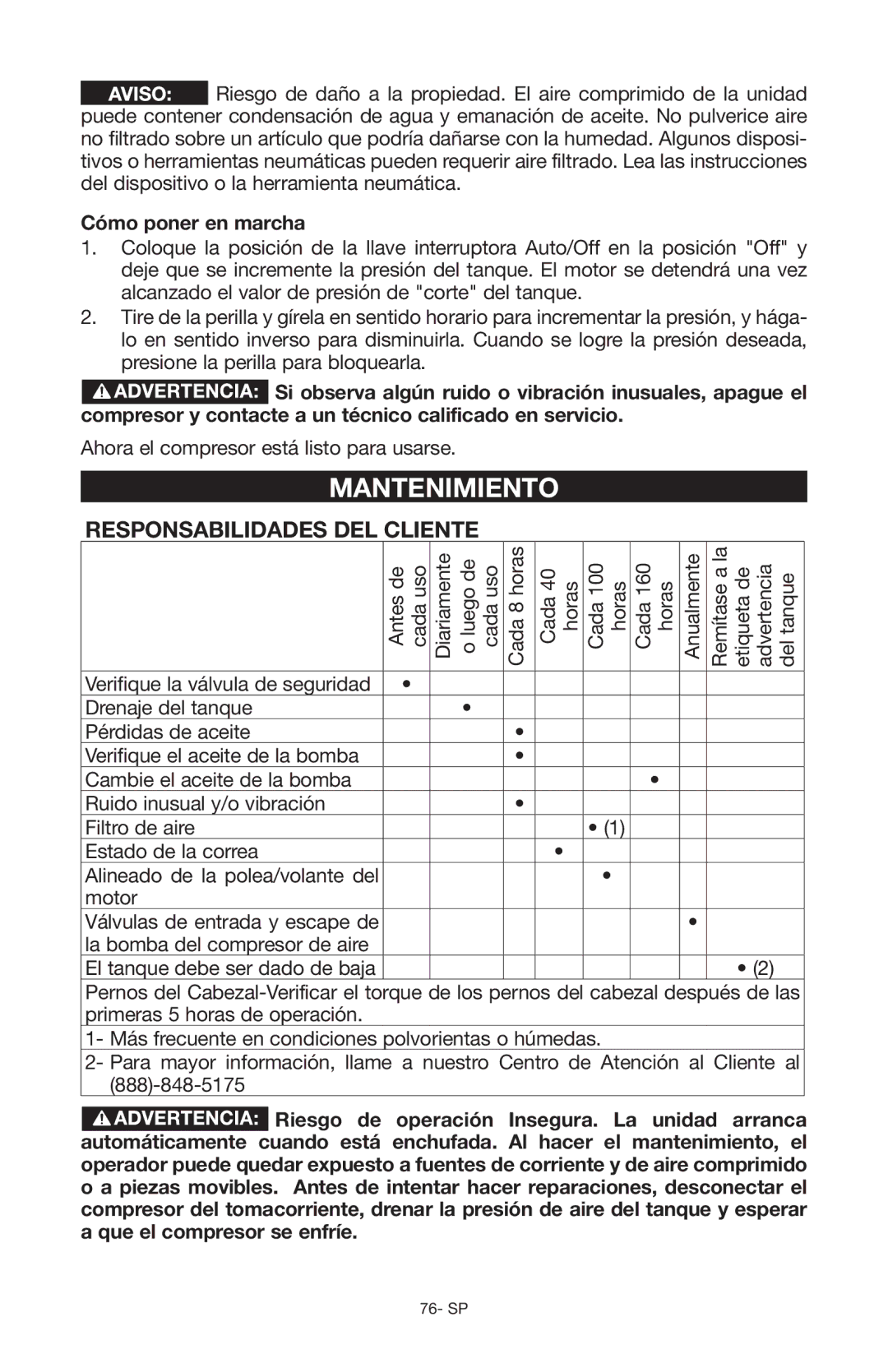 Porter-Cable Air Compressor instruction manual Mantenimiento, Responsabilidades del cliente, Cómo poner en marcha 