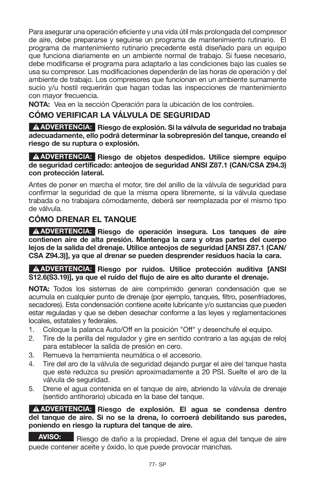 Porter-Cable Air Compressor instruction manual Cómo verificar la válvula de seguridad, Cómo drenar el tanque 