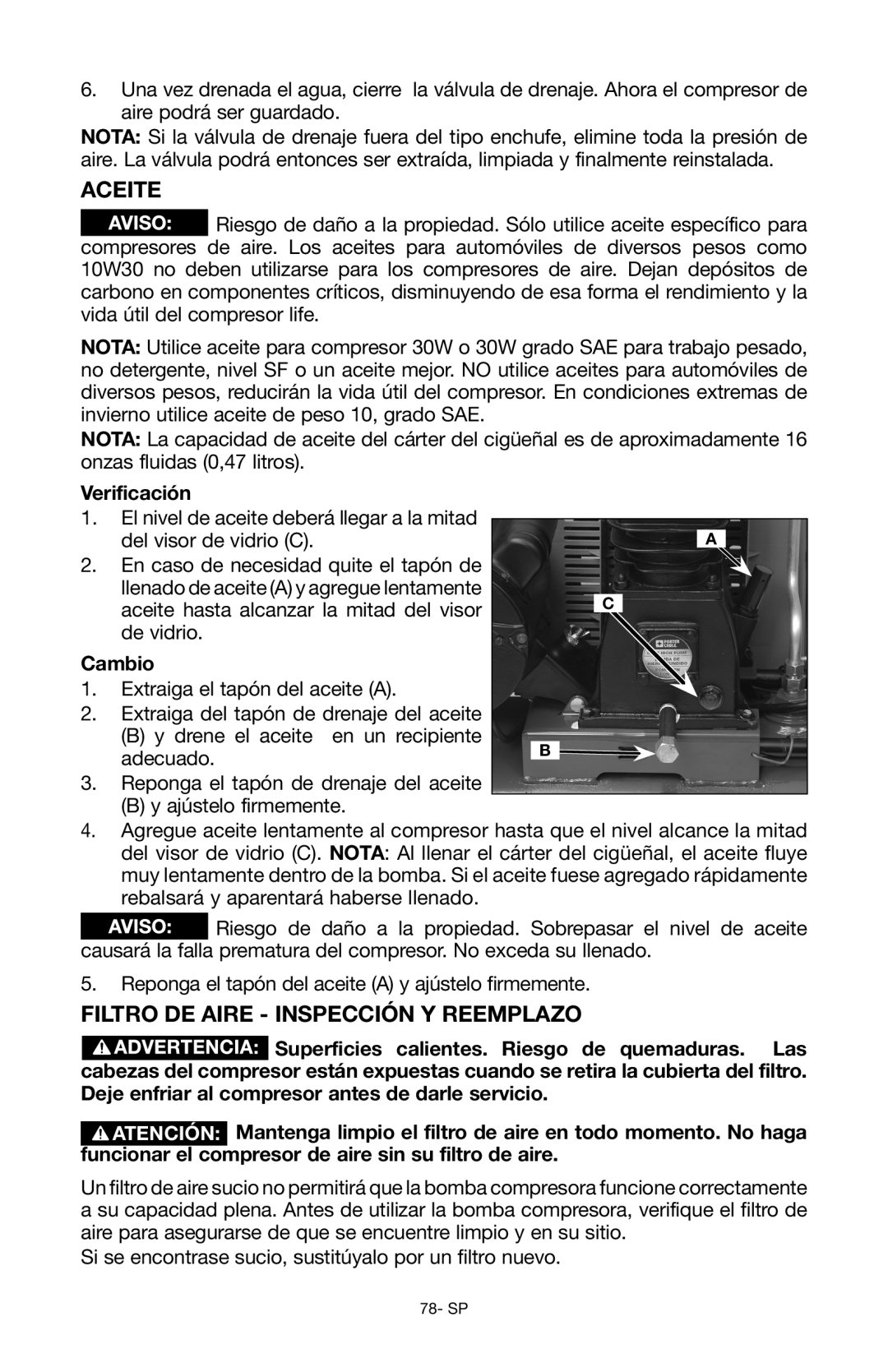 Porter-Cable Air Compressor instruction manual Aceite, Filtro de Aire Inspección y reemplazo, Verificación, Cambio 