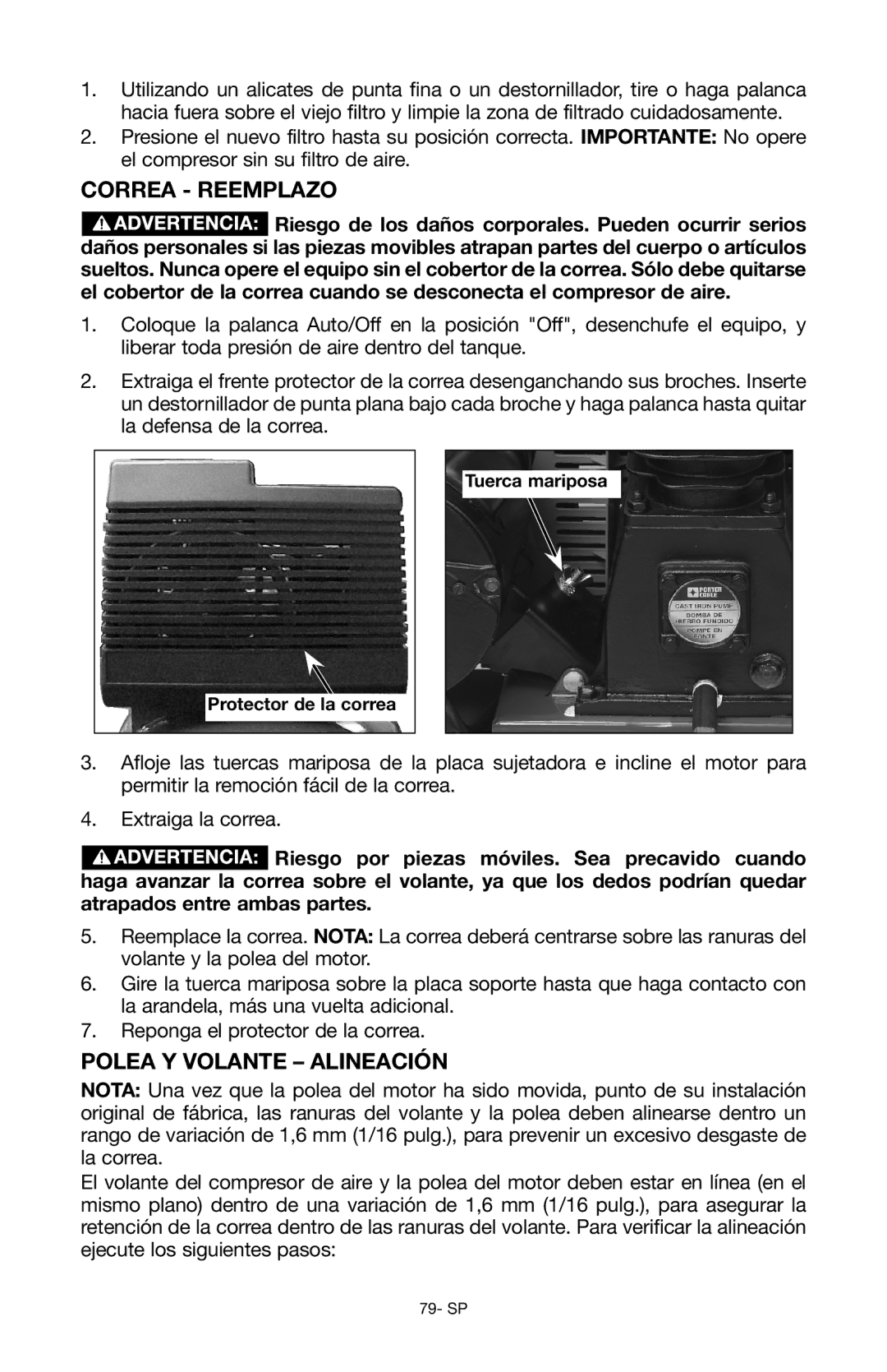 Porter-Cable Air Compressor instruction manual Correa Reemplazo, Polea y volante Alineación 