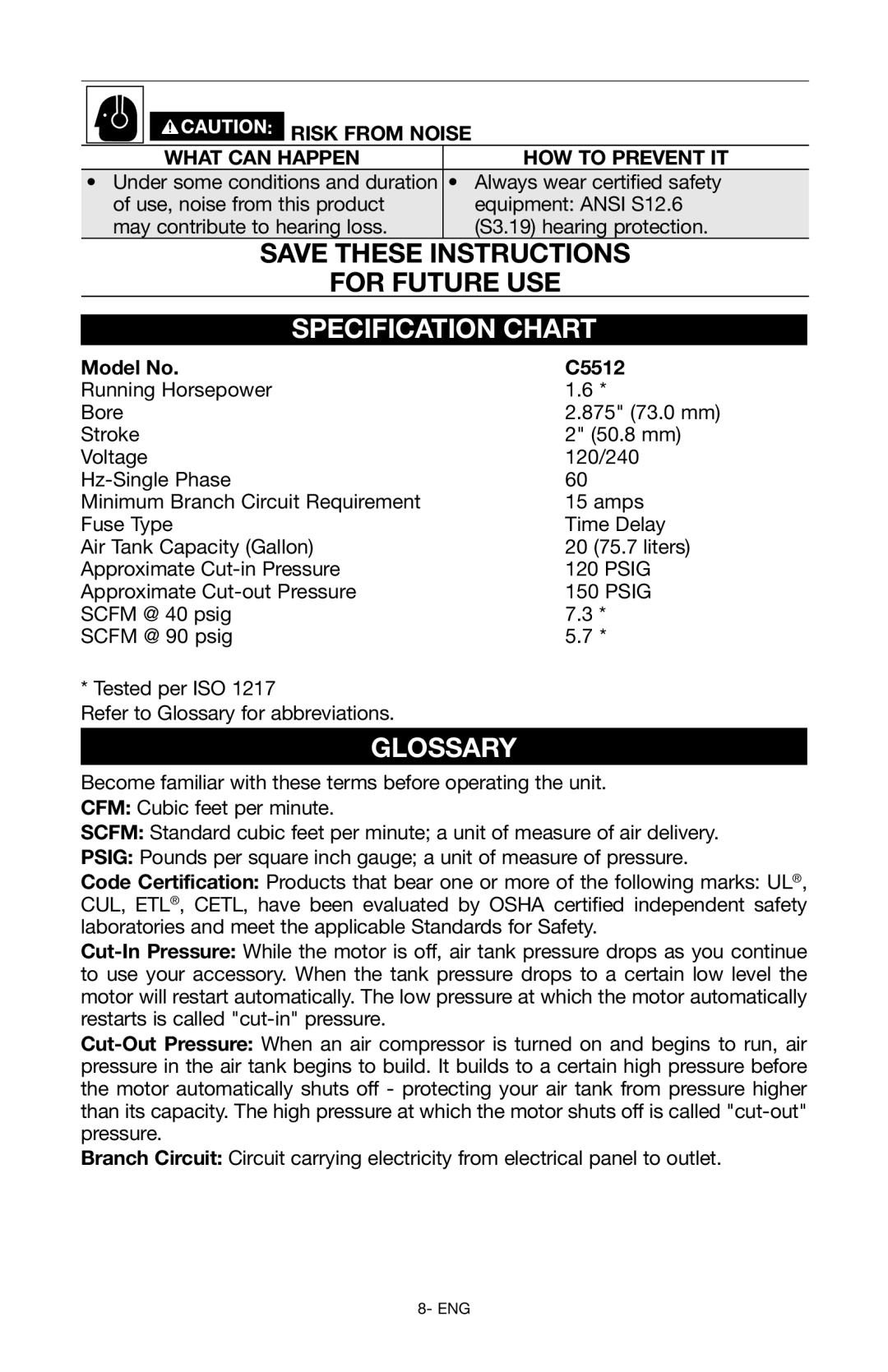 Porter-Cable Air Compressor Specification Chart, Glossary, Risk from noise What can happen How to prevent it 