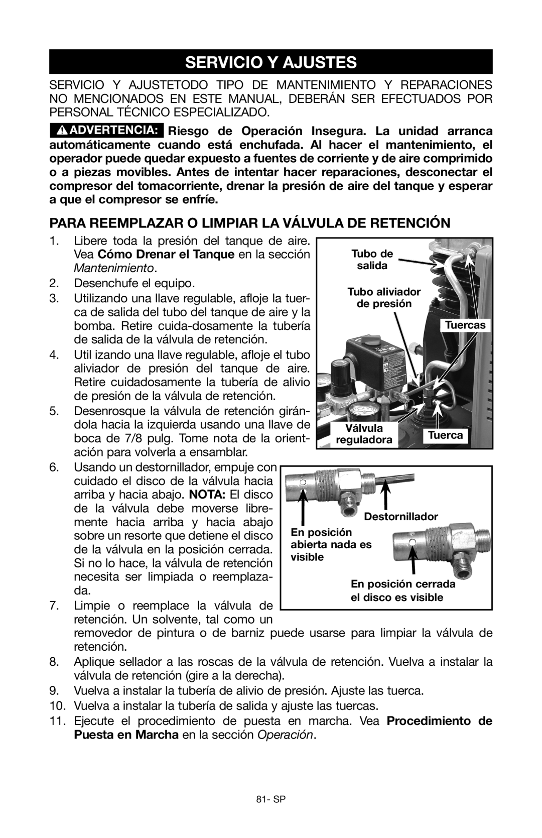 Porter-Cable Air Compressor instruction manual Servicio Y Ajustes, Para reemplazar o limpiar la válvula de retención 