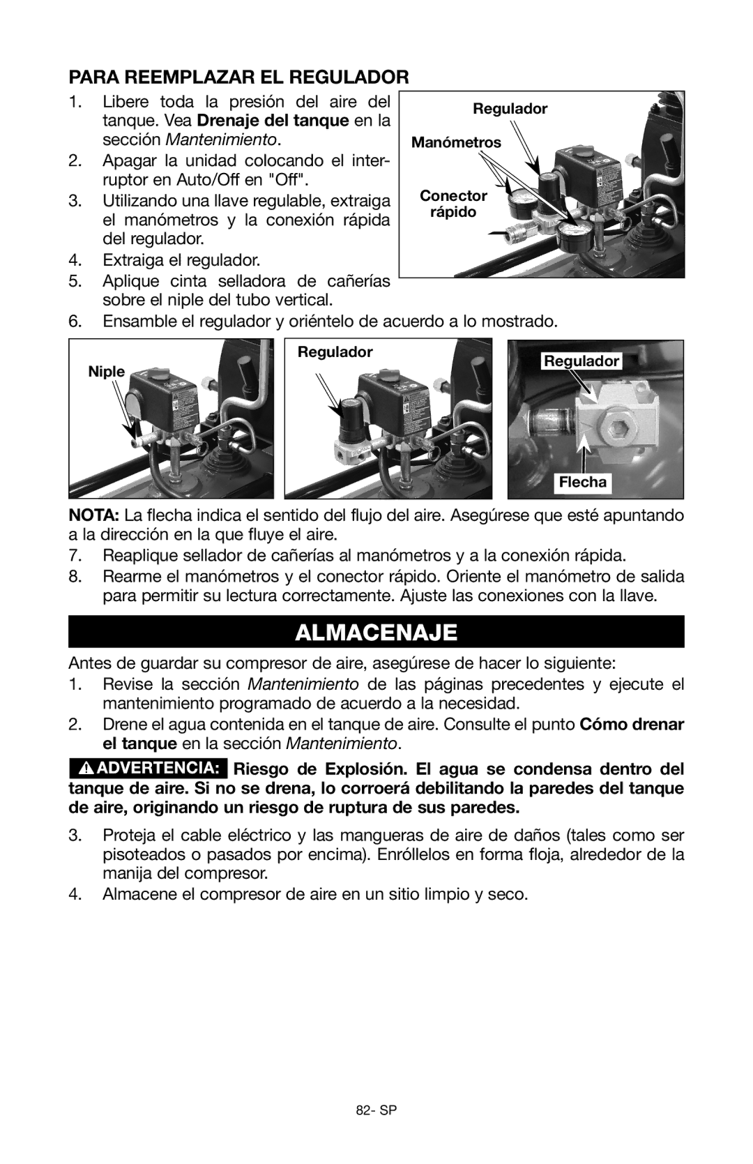 Porter-Cable Air Compressor instruction manual Almacenaje, Para reemplazar el regulador 