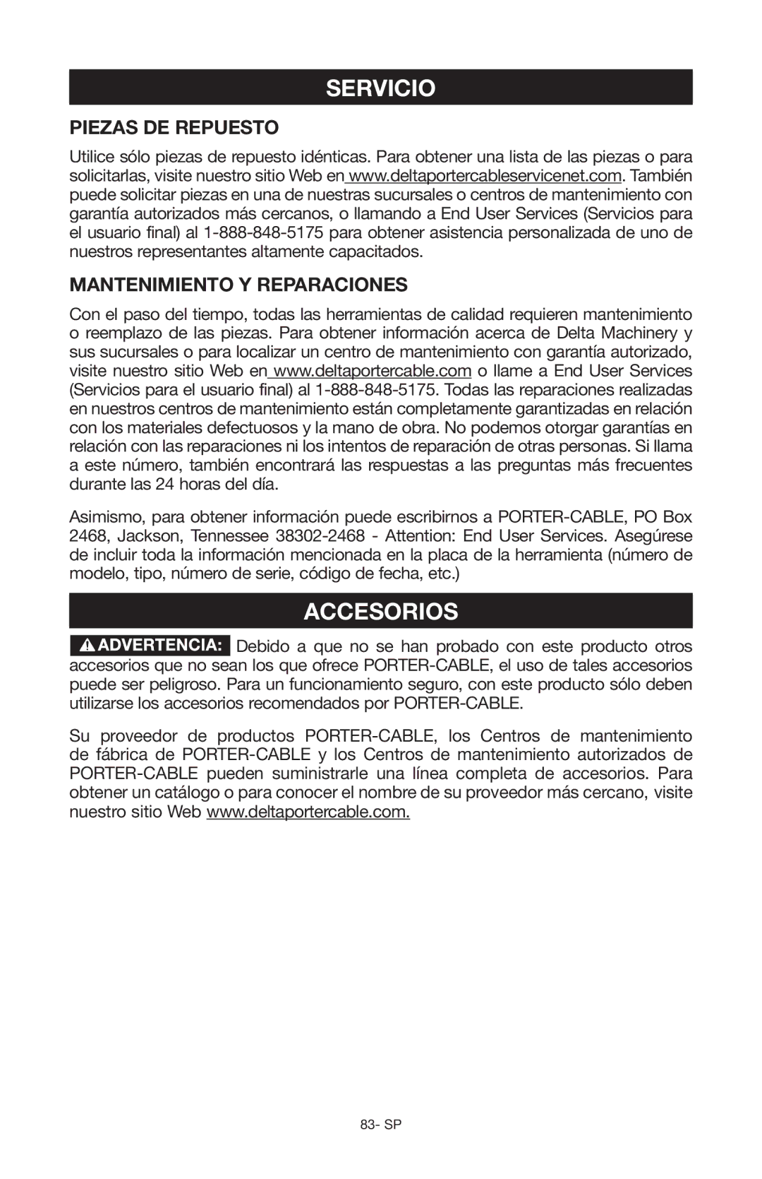 Porter-Cable Air Compressor instruction manual Servicio, Piezas DE Repuesto Mantenimiento Y Reparaciones 