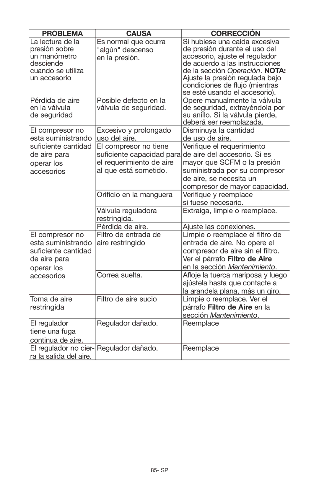 Porter-Cable Air Compressor instruction manual Párrafo Filtro de Aire en la, Sección Mantenimiento 