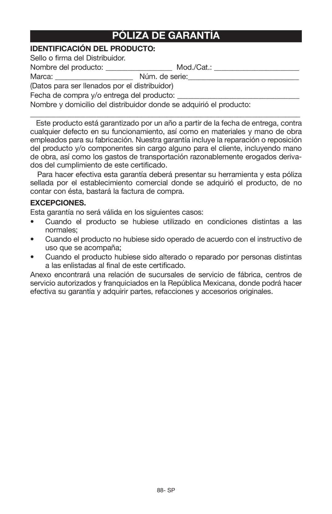 Porter-Cable Air Compressor instruction manual Identificación DEL Producto Sello o firma del Distribuidor, Excepciones 