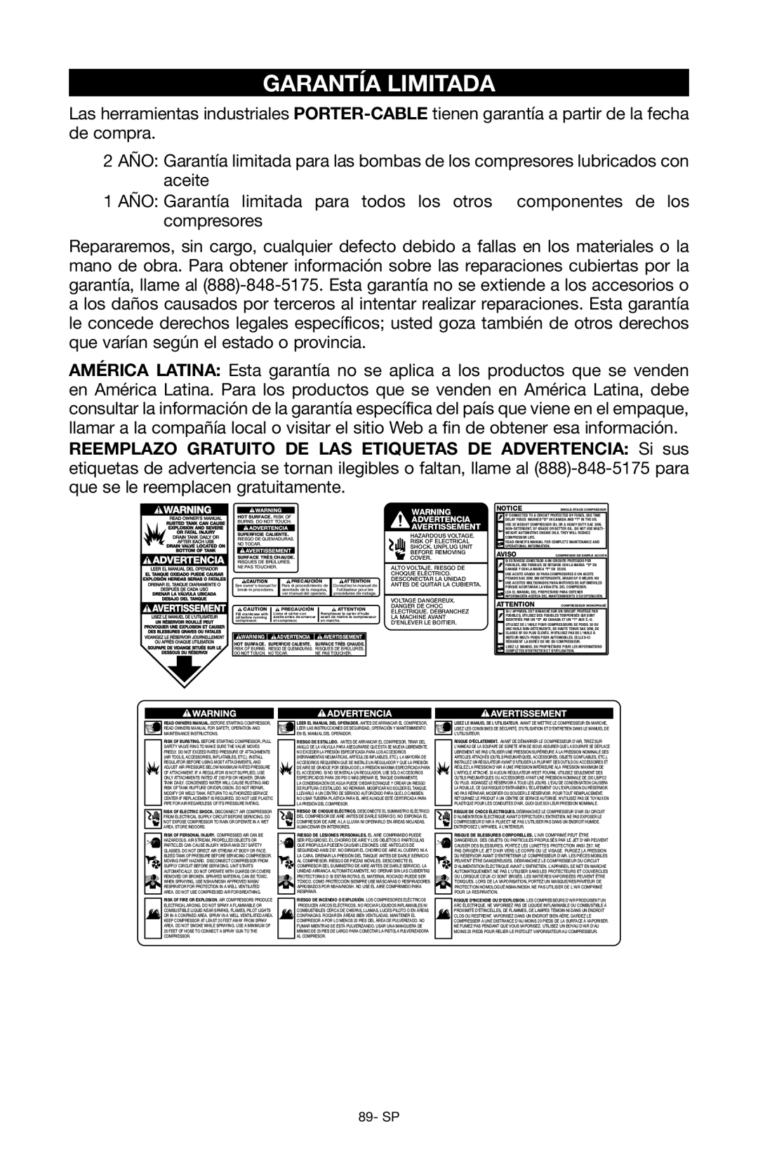 Porter-Cable Air Compressor instruction manual Garantía Limitada 