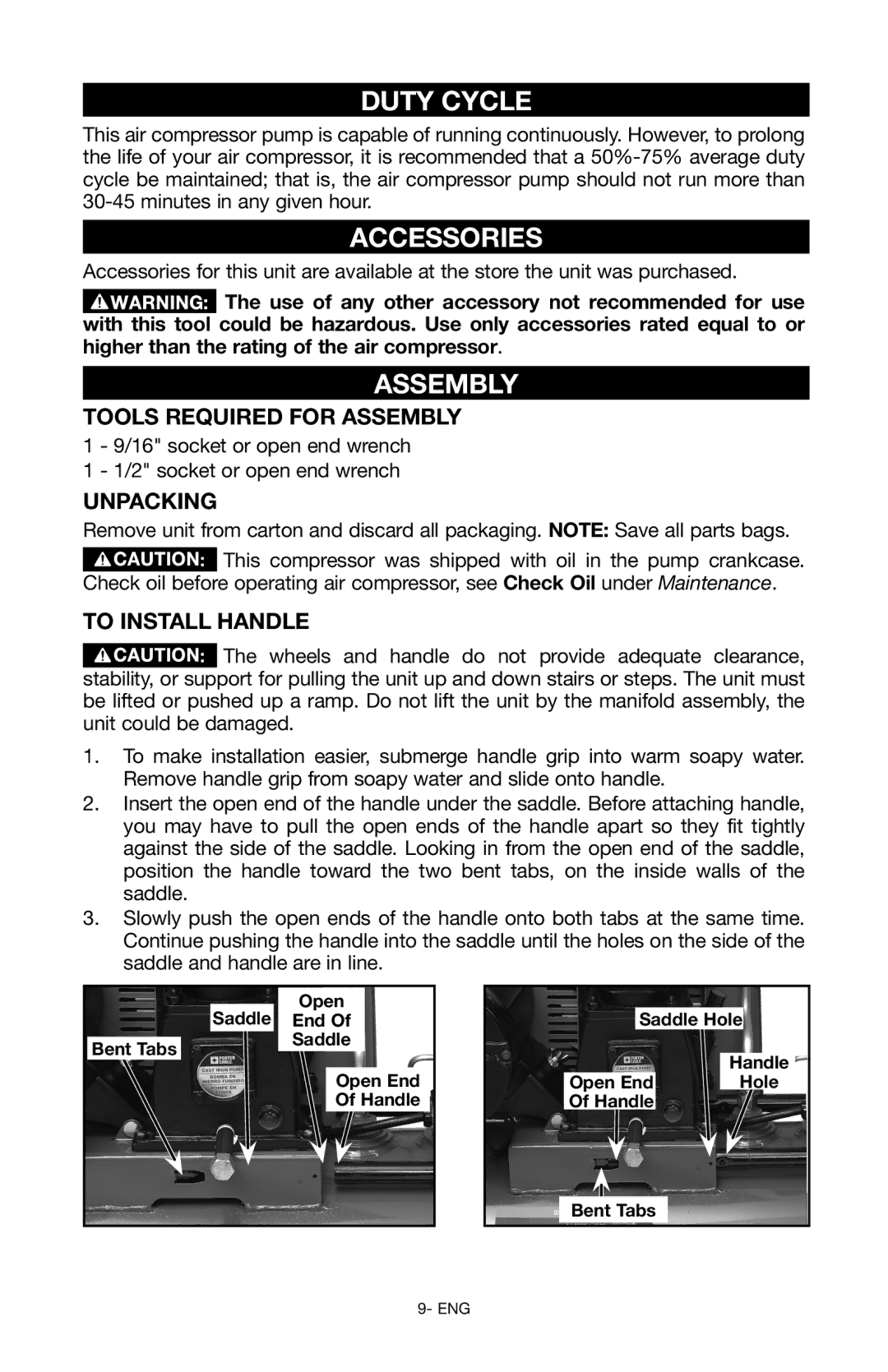 Porter-Cable Air Compressor instruction manual Duty Cycle, Accessories, Assembly 