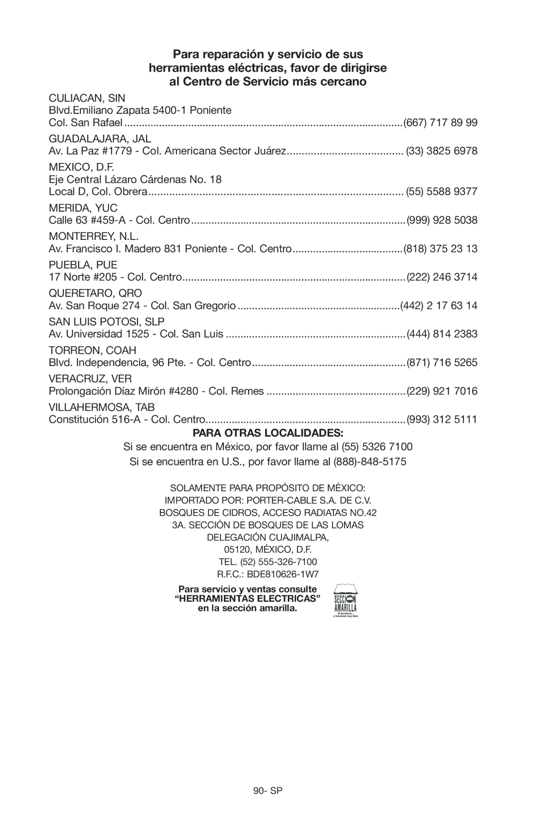 Porter-Cable Air Compressor instruction manual Para Otras Localidades 