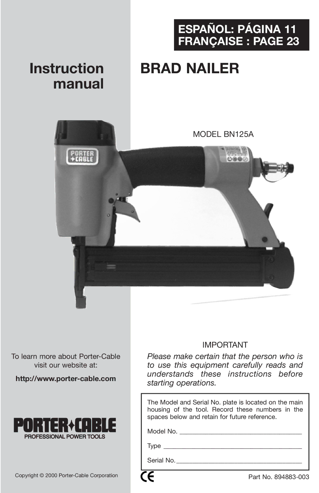 Porter-Cable BN125A instruction manual Instruction Brad Nailer manual 