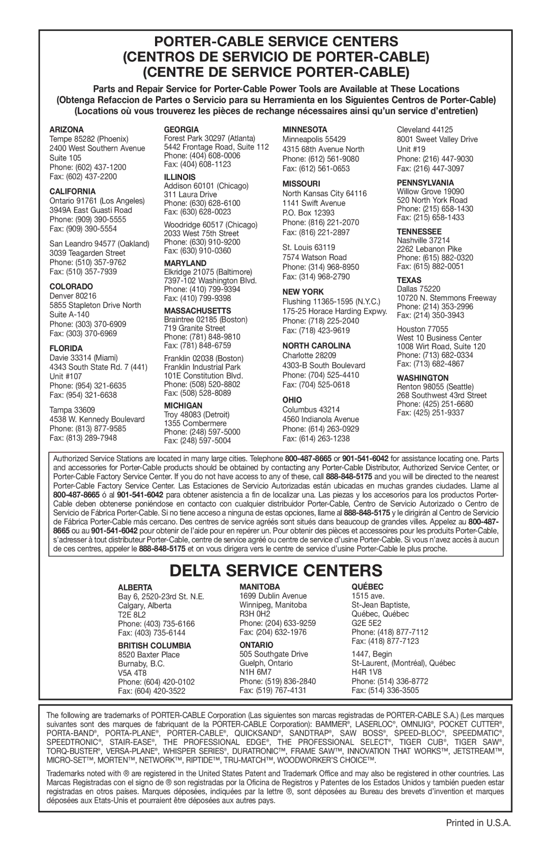 Porter-Cable BN125A instruction manual Delta Service Centers 