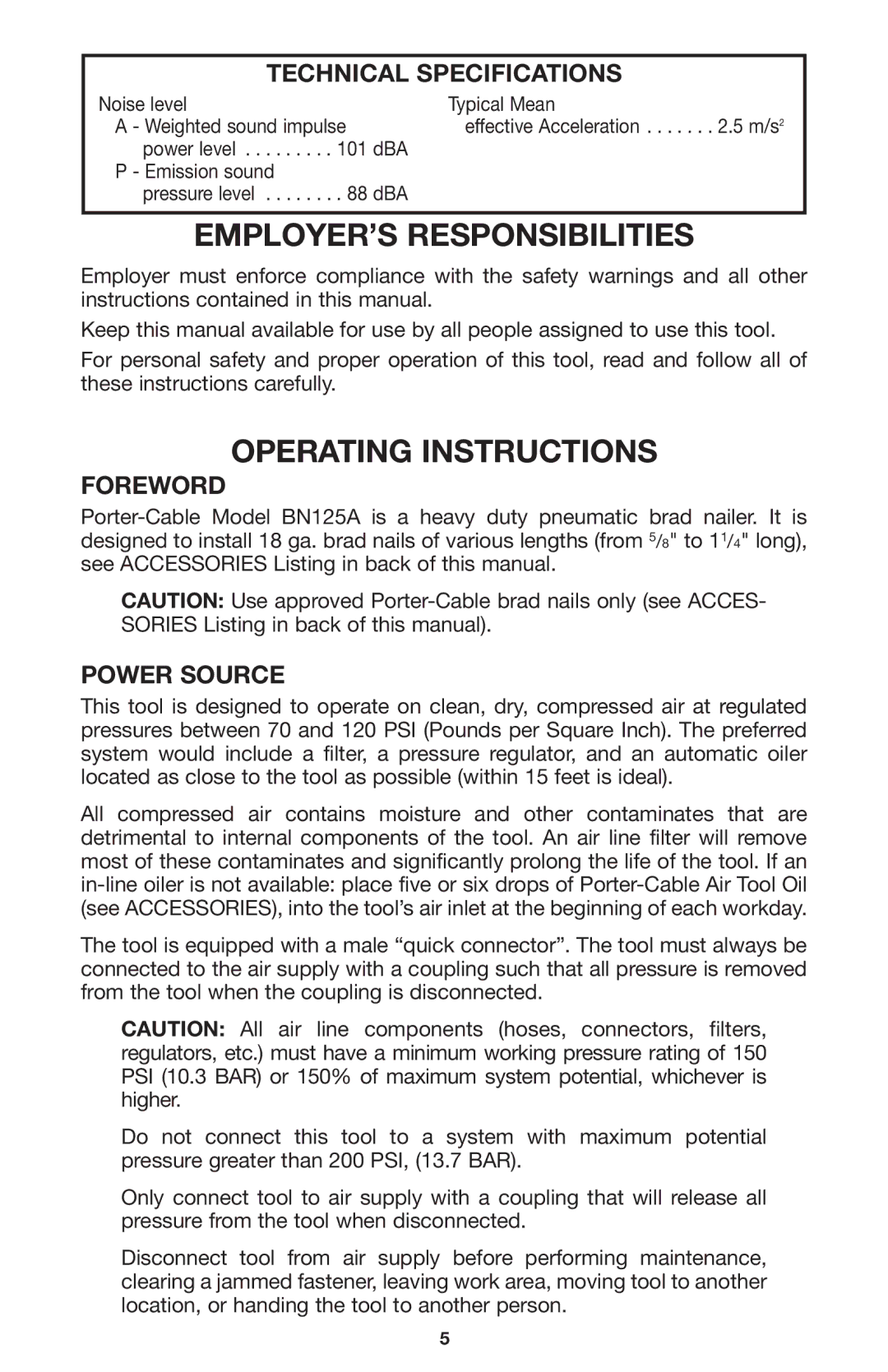 Porter-Cable BN125A EMPLOYER’S Responsibilities, Operating Instructions, Technical Specifications, Foreword, Power Source 