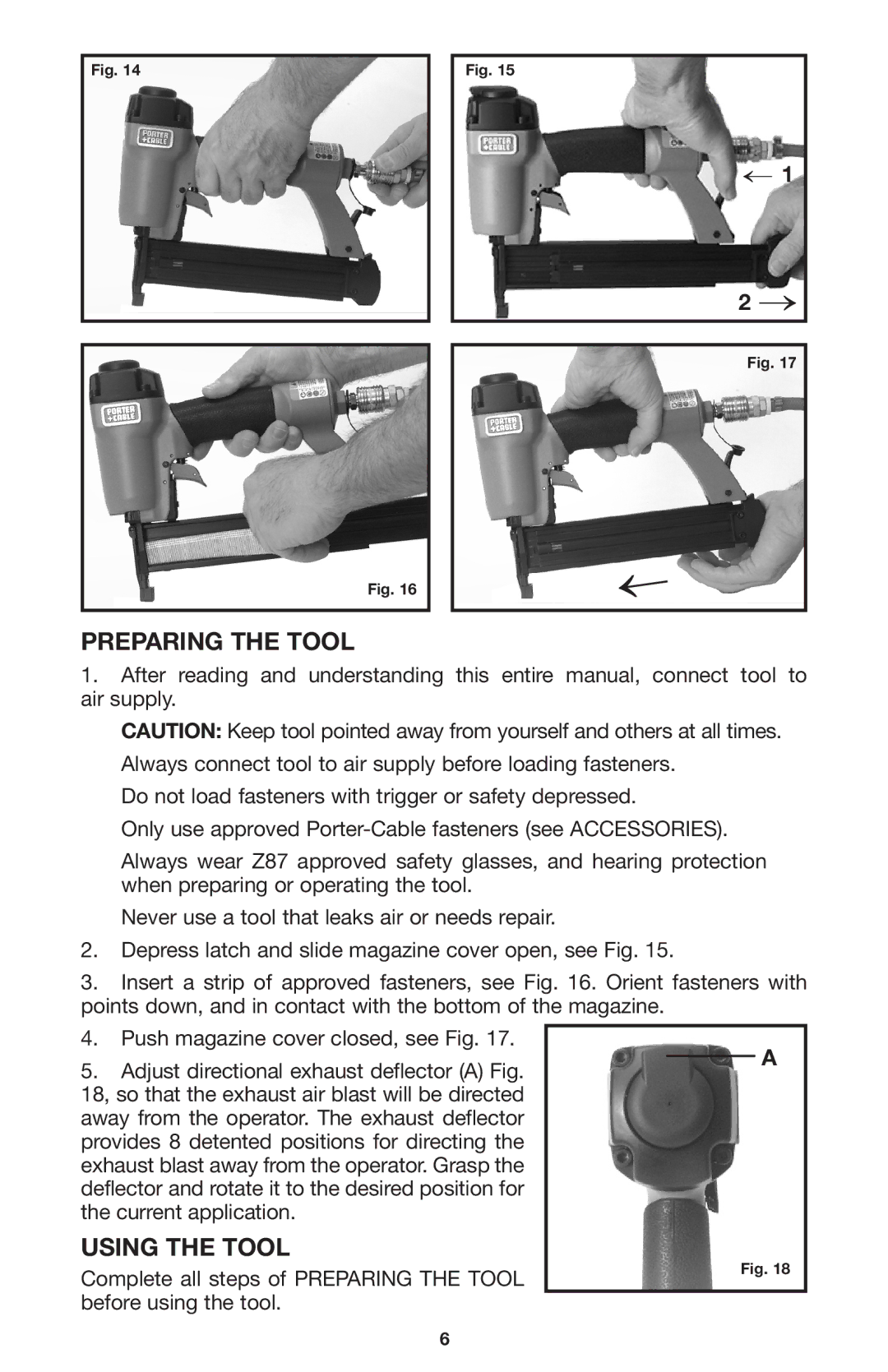 Porter-Cable BN125A instruction manual Preparing the Tool, Using the Tool 