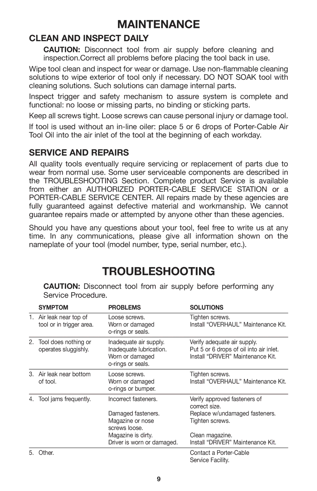 Porter-Cable BN125A instruction manual Maintenance, Troubleshooting, Clean and Inspect Daily, Service and Repairs 