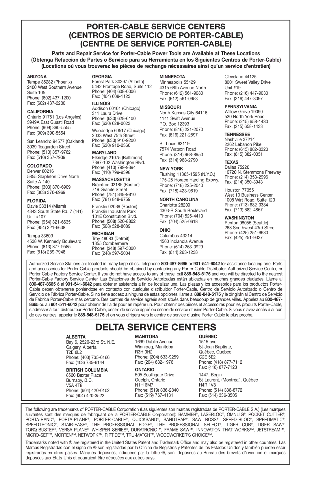 Porter-Cable BN200A, 894884-003 instruction manual Delta Service Centers, Arizona Georgia Minnesota 