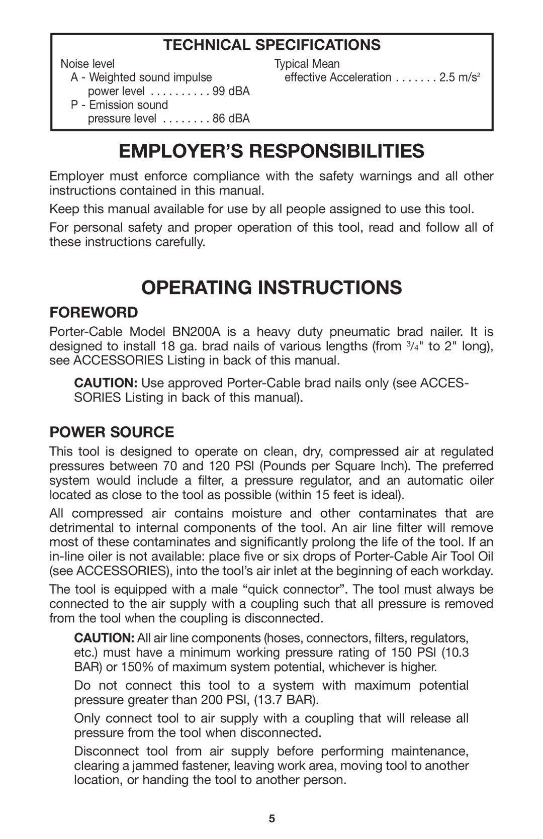 Porter-Cable BN200A EMPLOYER’S Responsibilities, Operating Instructions, Technical Specifications, Foreword, Power Source 