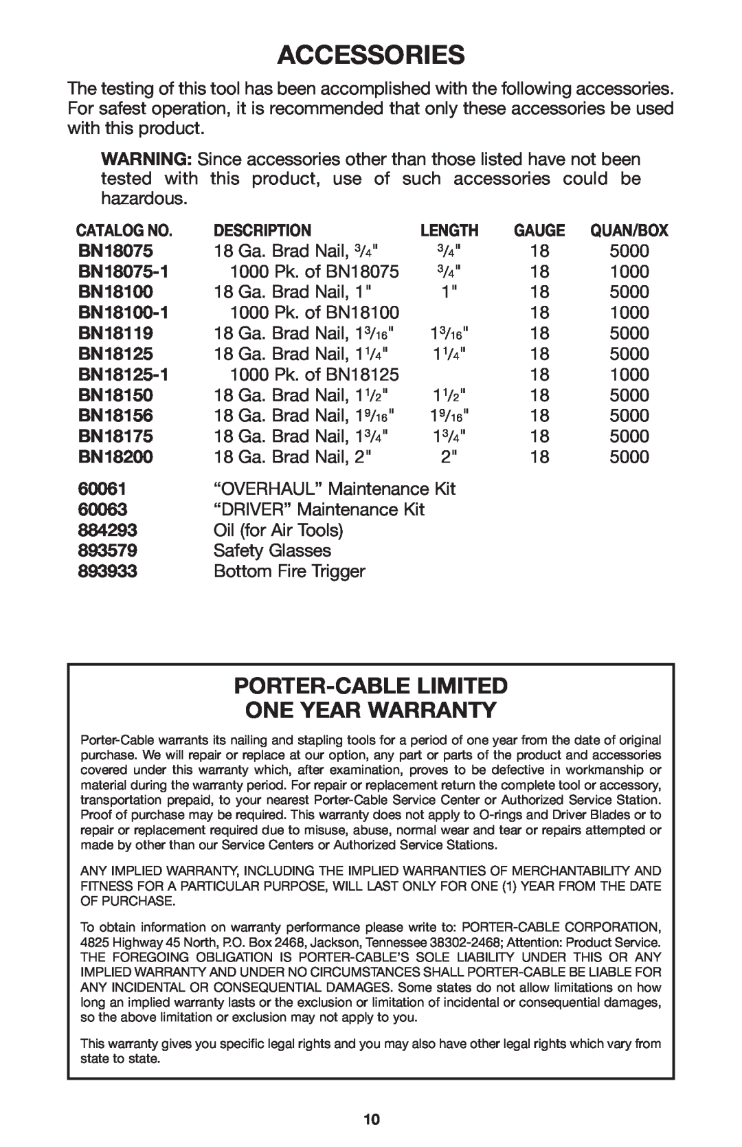 Porter-Cable 894884-003, BN200A instruction manual Accessories, Porter-Cable Limited One Year Warranty 