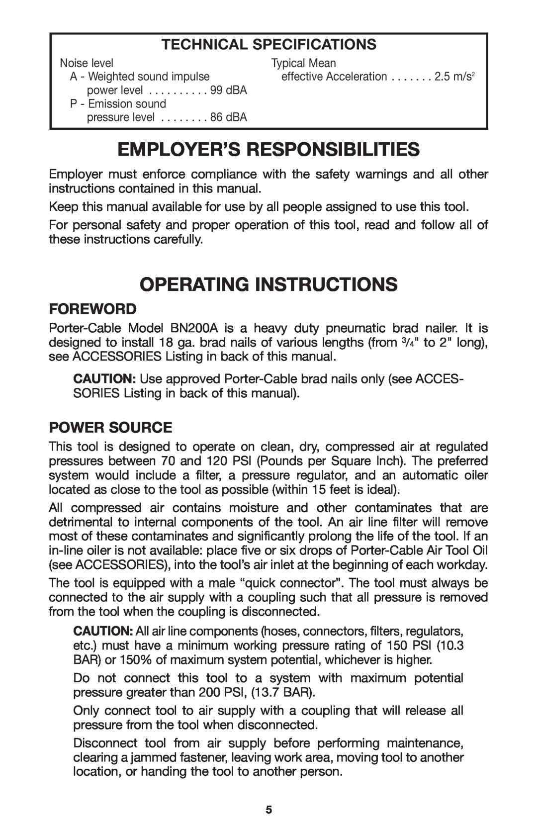Porter-Cable BN200A Employer’S Responsibilities, Operating Instructions, Technical Specifications, Foreword, Power Source 