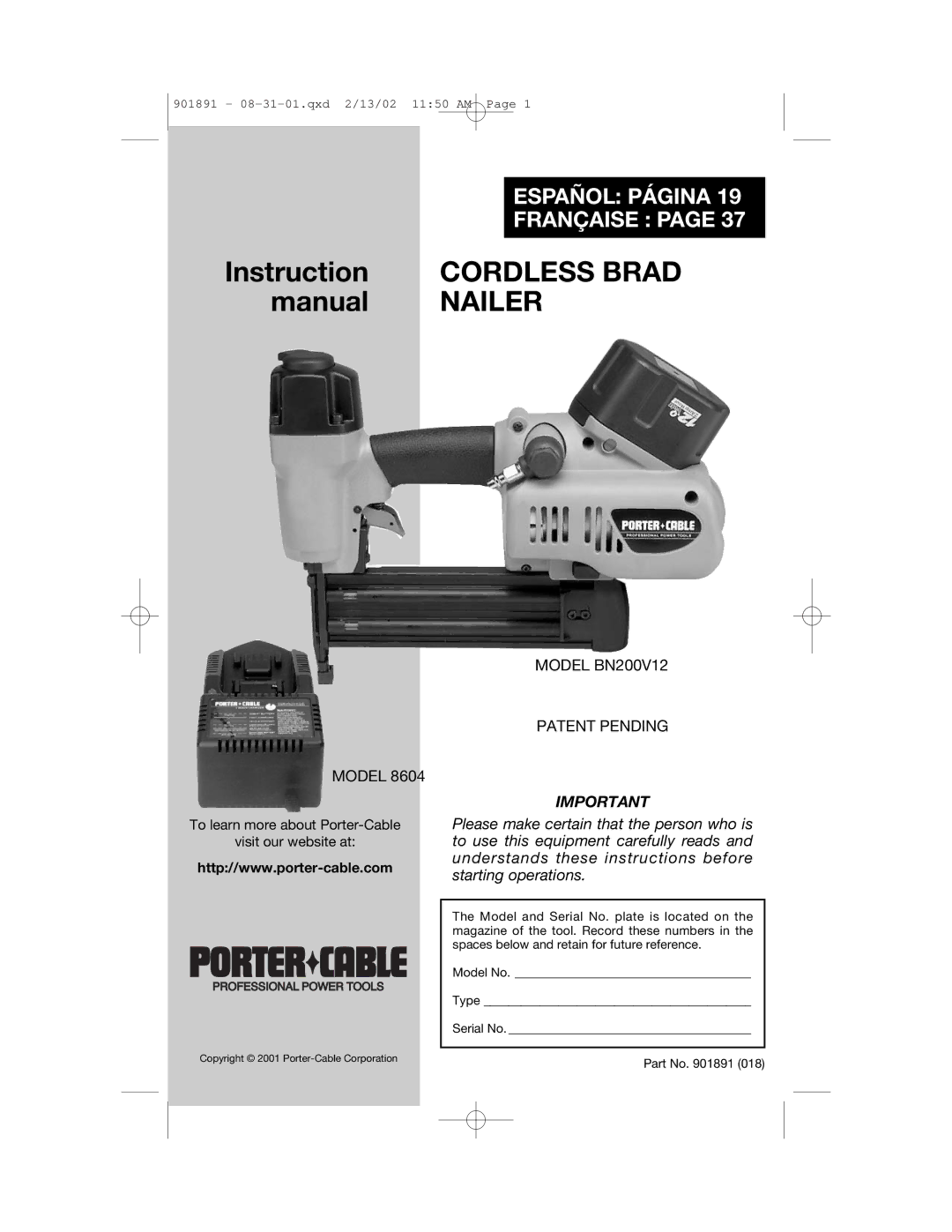 Porter-Cable 8604, BN200V12 instruction manual Instruction Cordless Brad Manual Nailer 