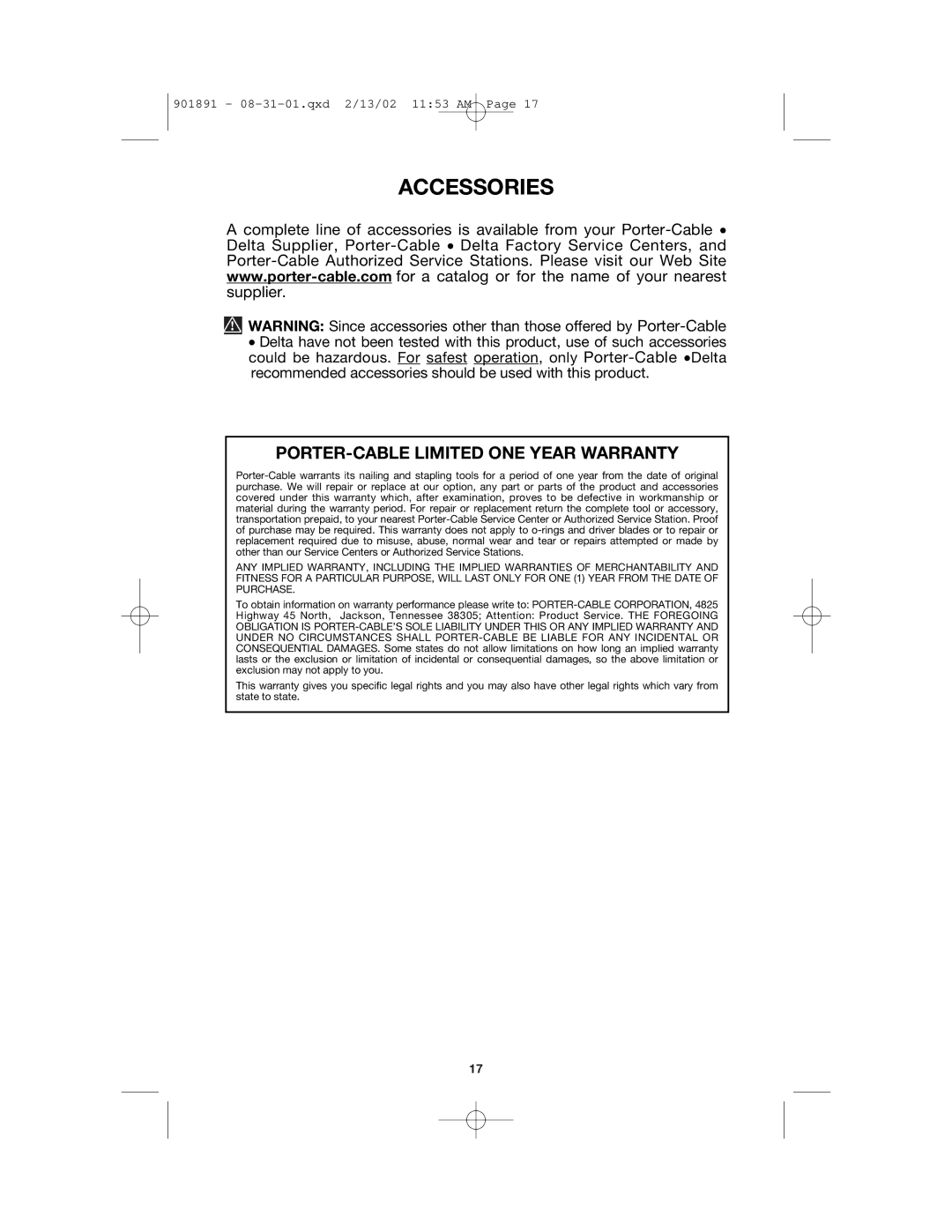 Porter-Cable 8604, BN200V12 instruction manual Accessories 