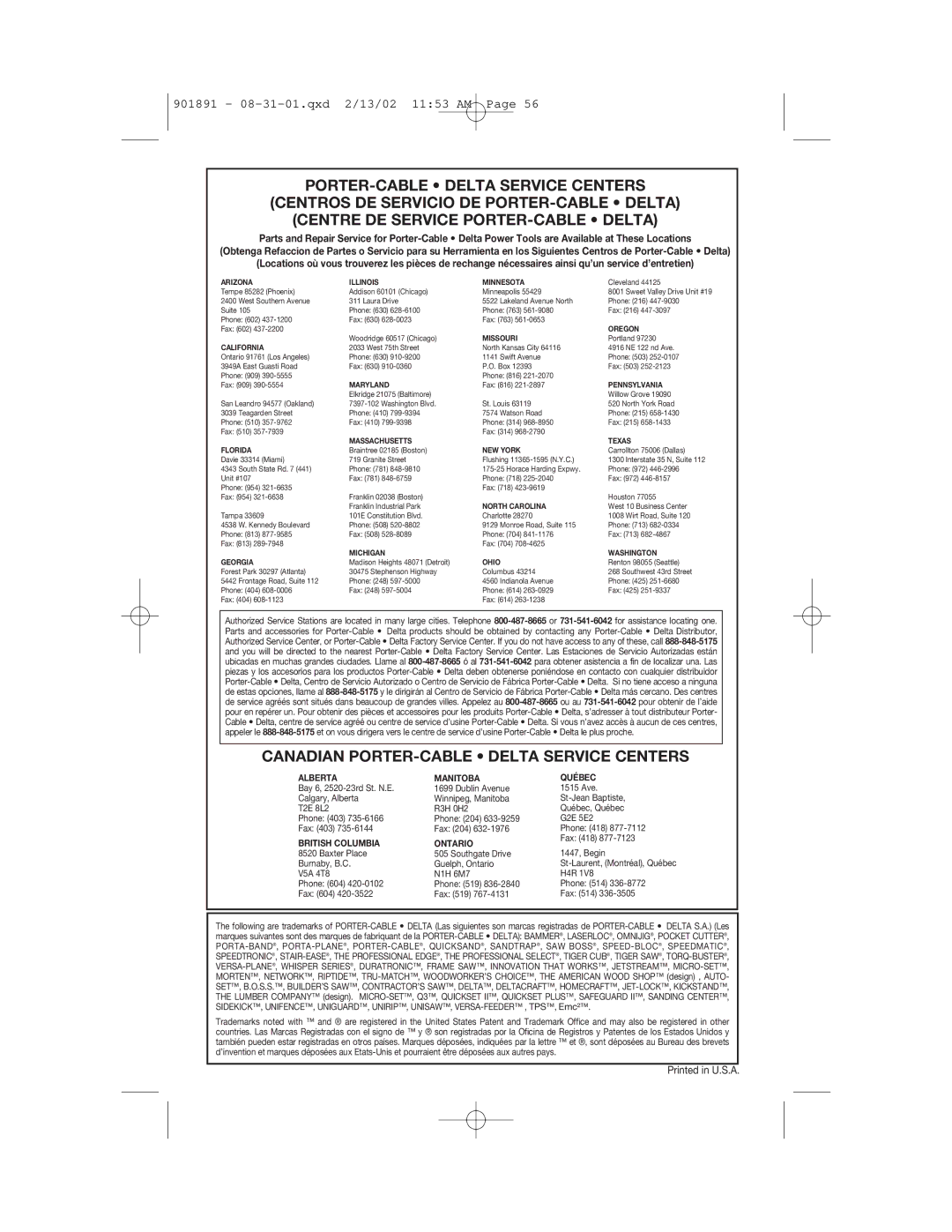 Porter-Cable 8604, BN200V12 instruction manual Canadian PORTER-CABLE Delta Service Centers 