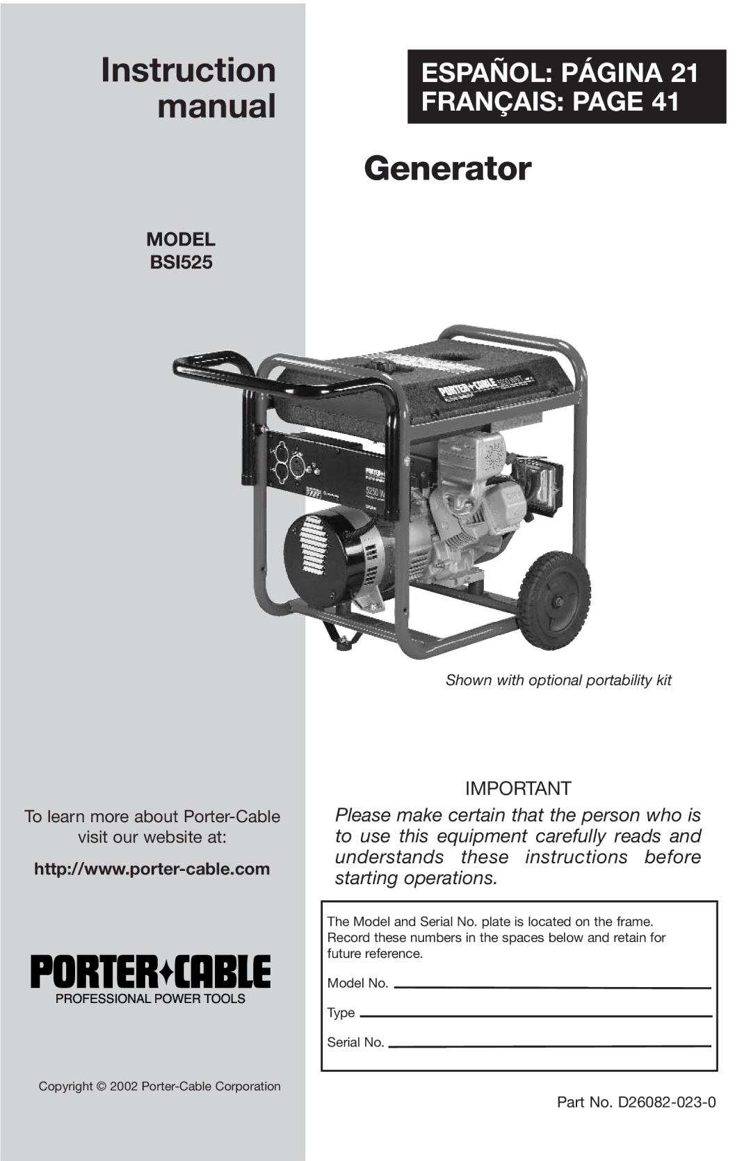 Porter-Cable BSI525 instruction manual Generator 