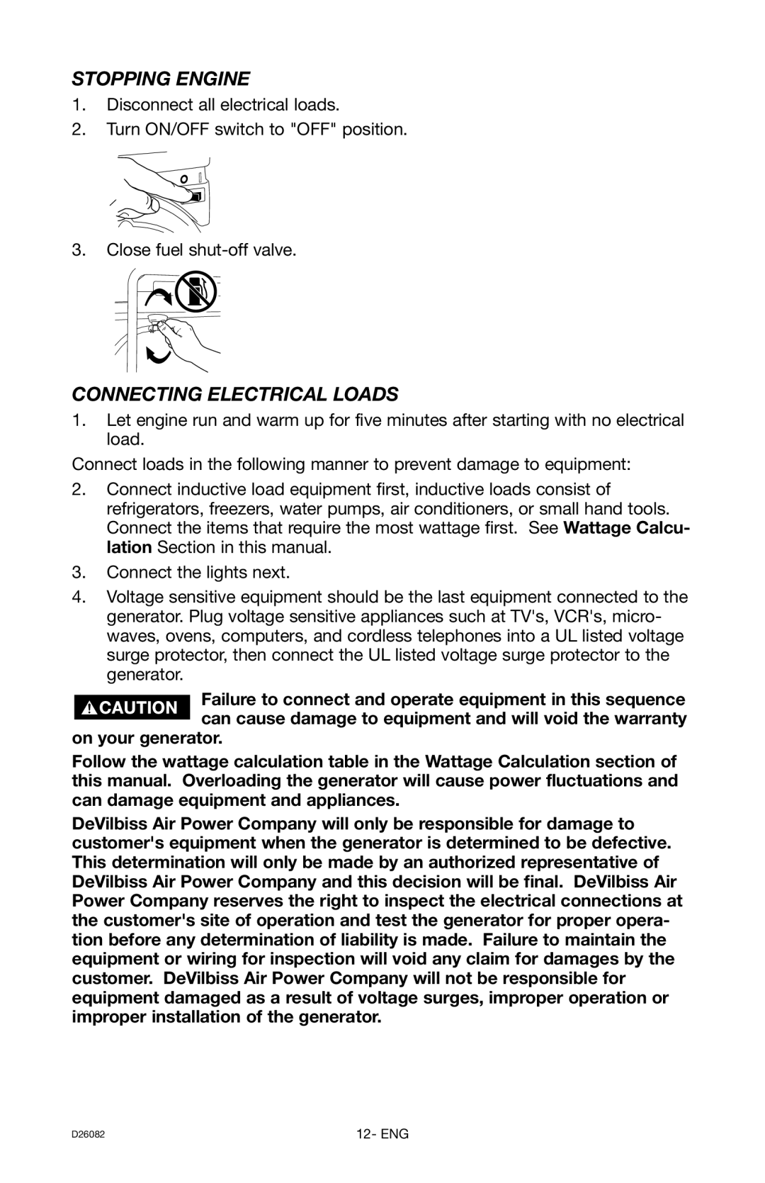 Porter-Cable BSI525 instruction manual Stopping Engine, Connecting Electrical Loads 