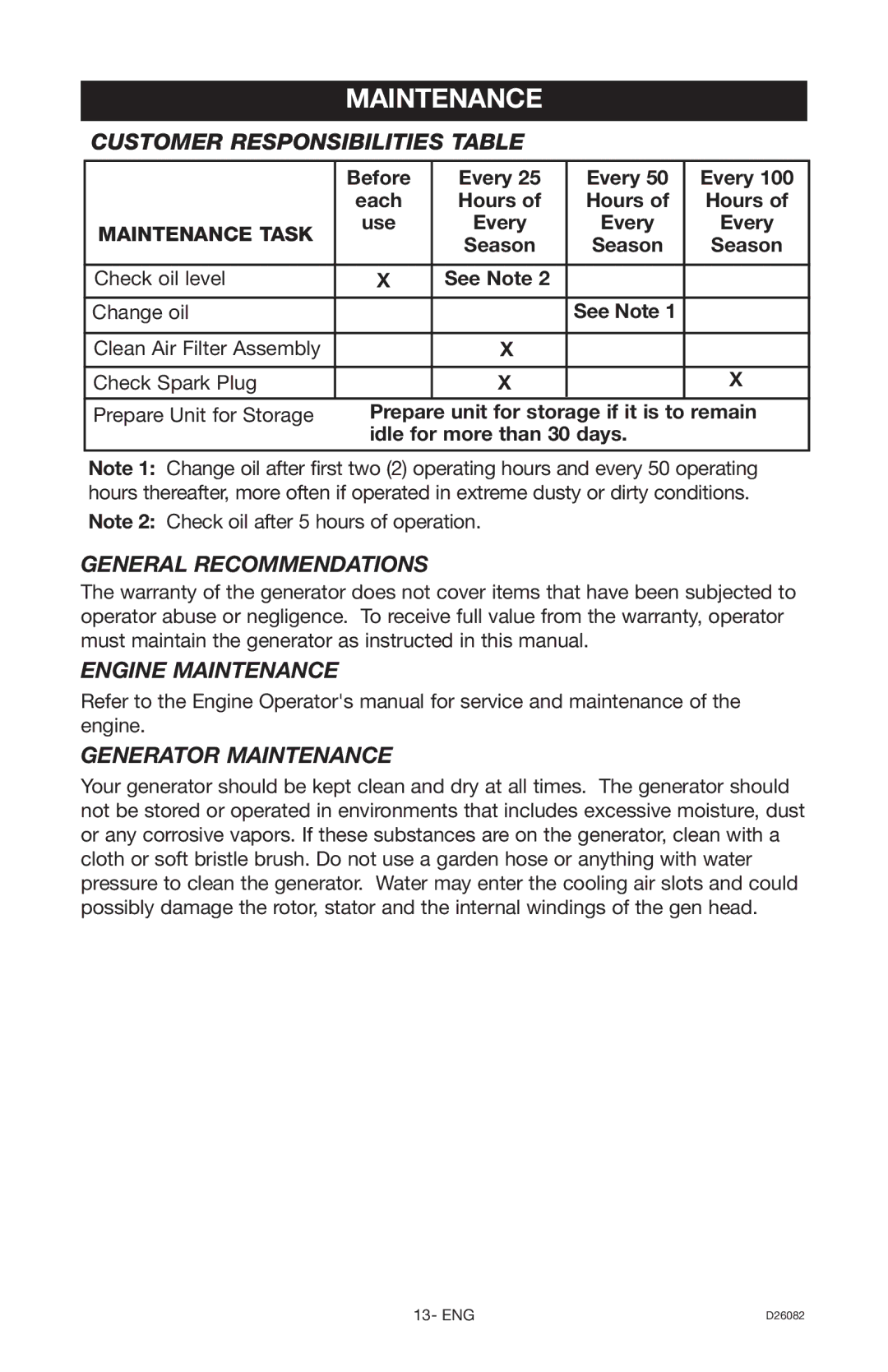 Porter-Cable BSI525 instruction manual Customer Responsibilities Table, General Recommendations, Engine Maintenance 