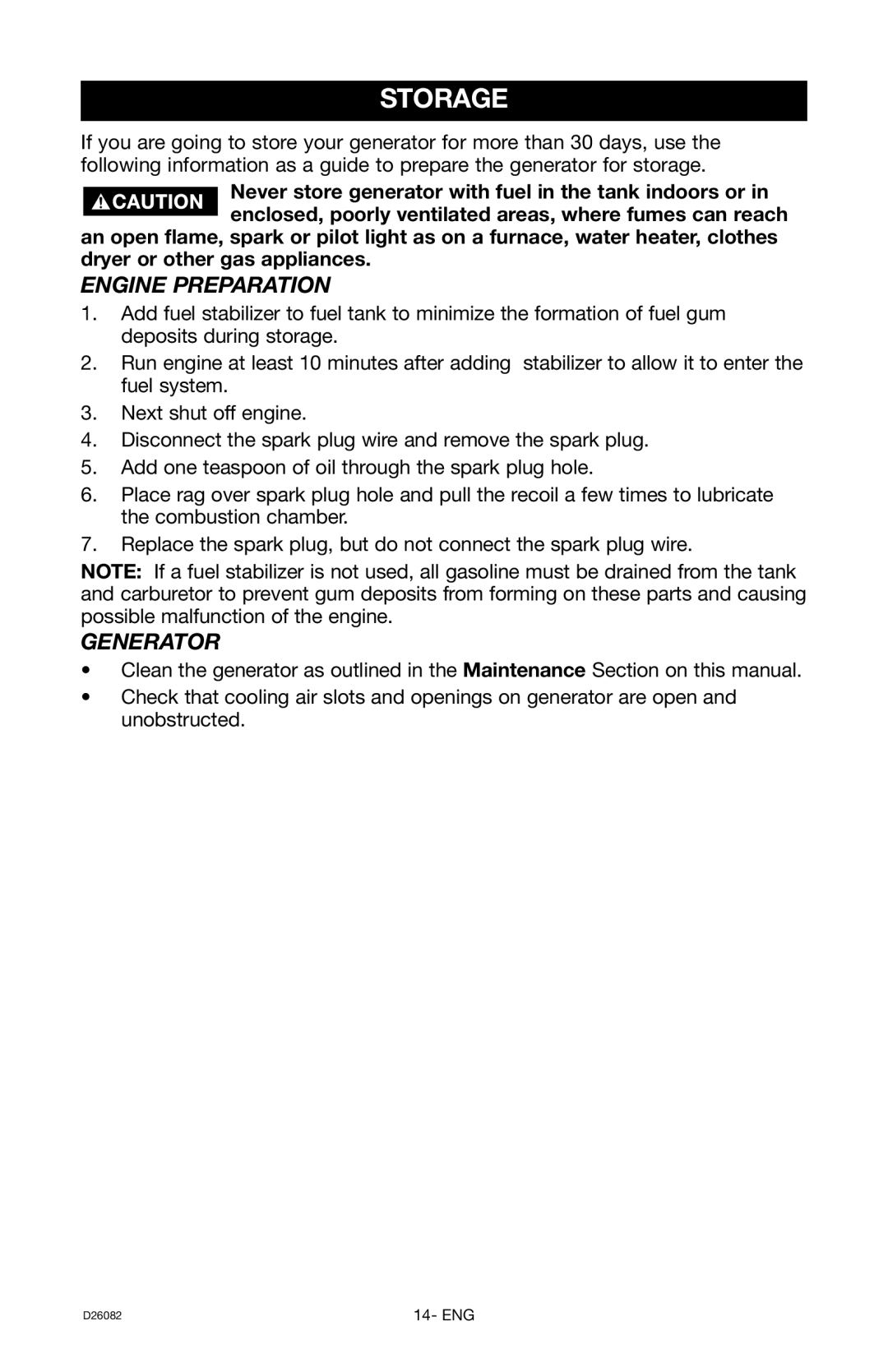 Porter-Cable BSI525 instruction manual Storage, Engine Preparation, Generator 