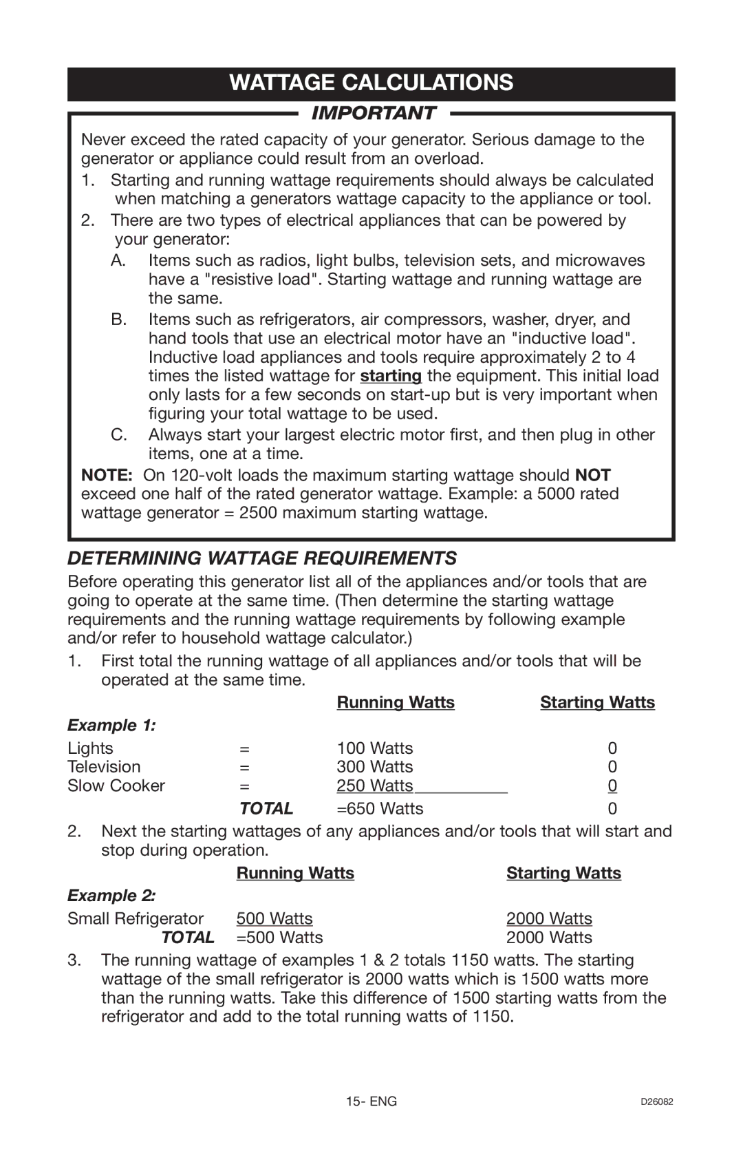 Porter-Cable BSI525 instruction manual Wattage Calculations, Determining Wattage Requirements 