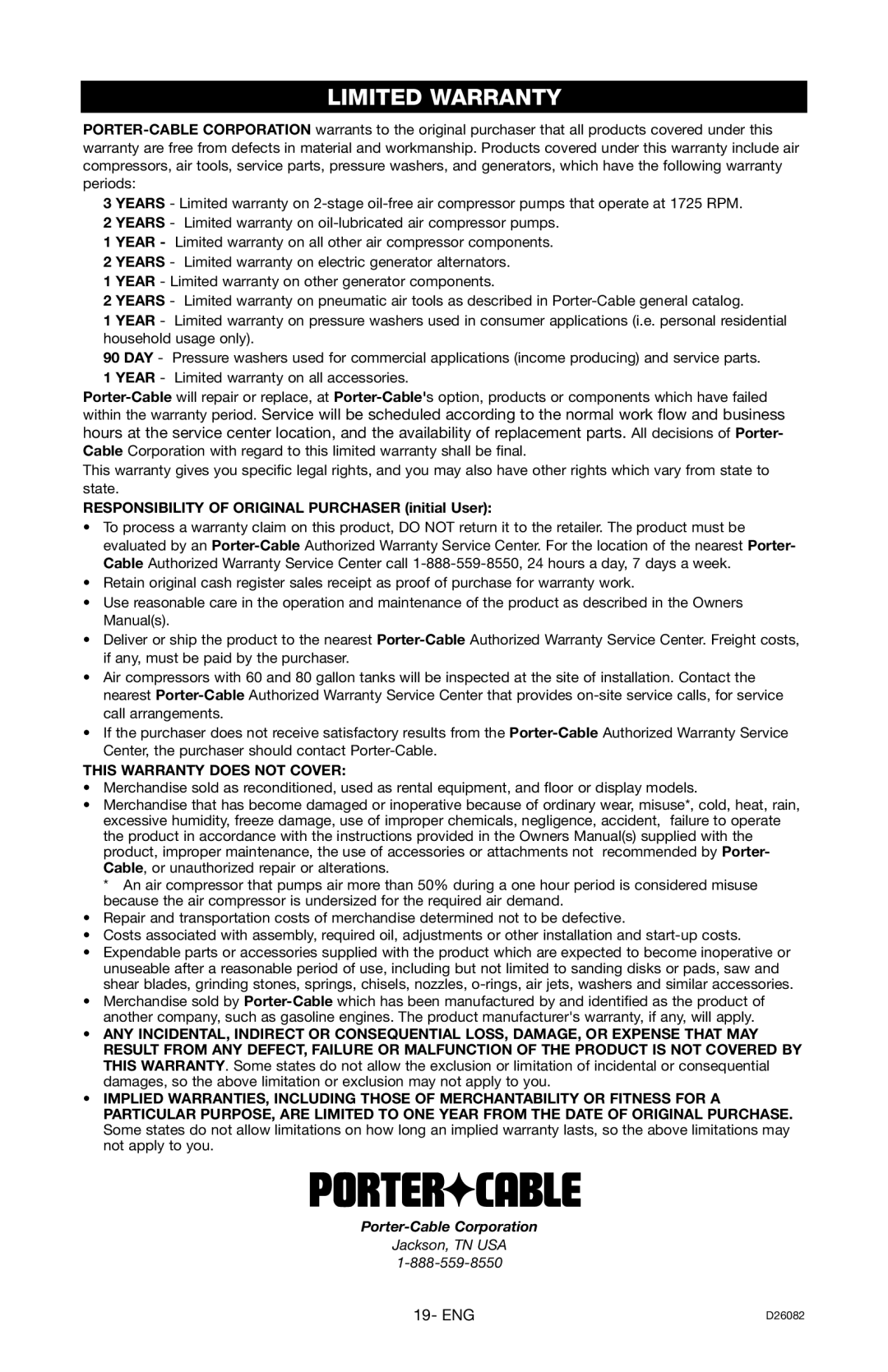 Porter-Cable BSI525 instruction manual Limited Warranty 