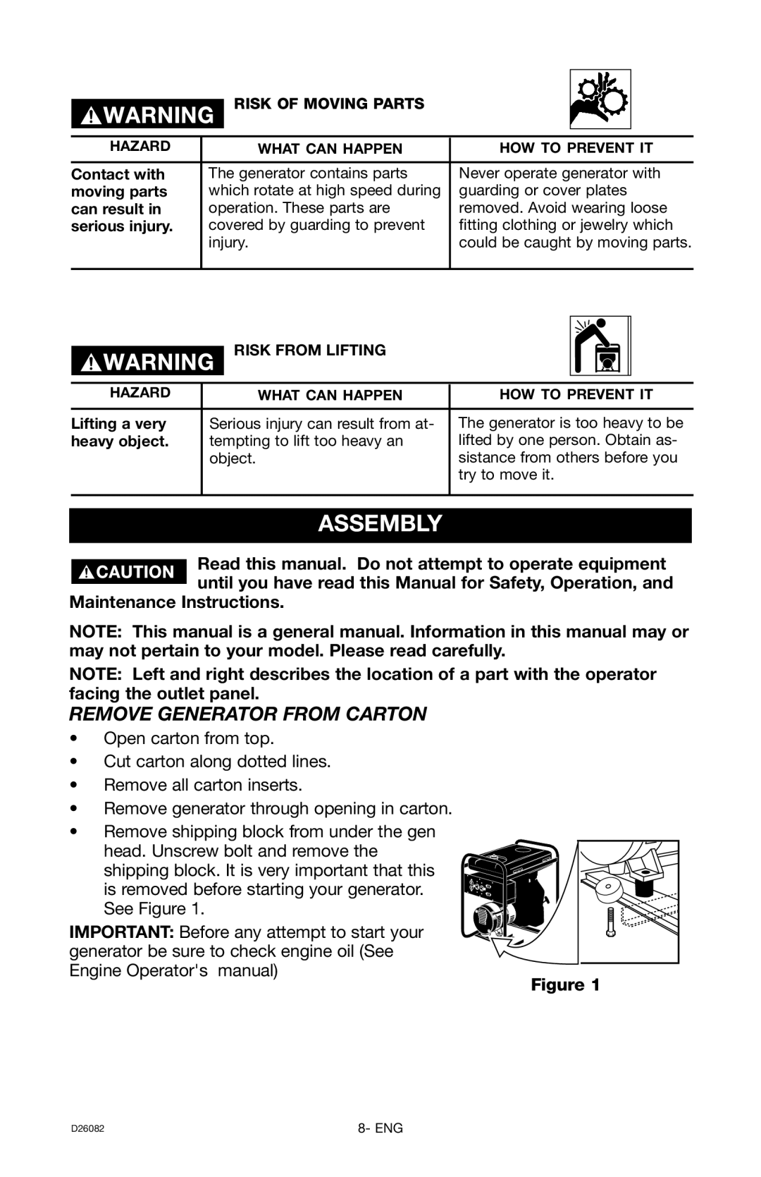 Porter-Cable BSI525 instruction manual Assembly, Remove Generator from Carton, Risk of Moving Parts, Risk from Lifting 