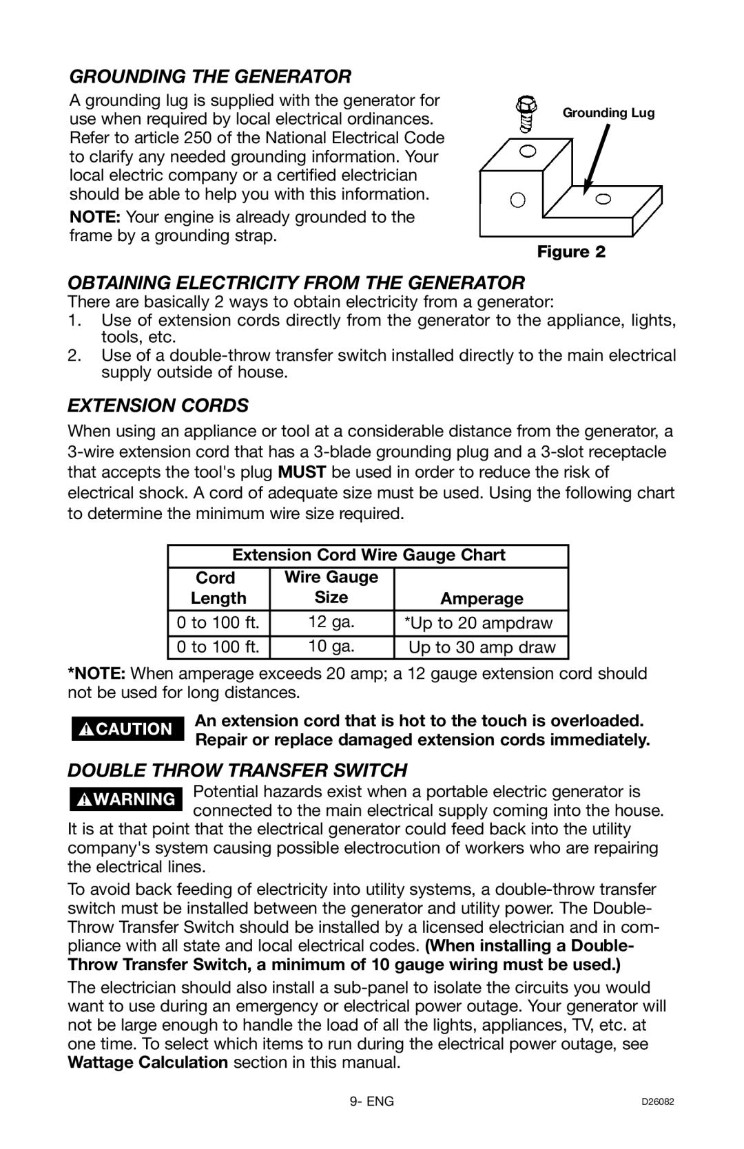 Porter-Cable BSI525 instruction manual Grounding the Generator, Obtaining Electricity from the Generator, Extension Cords 