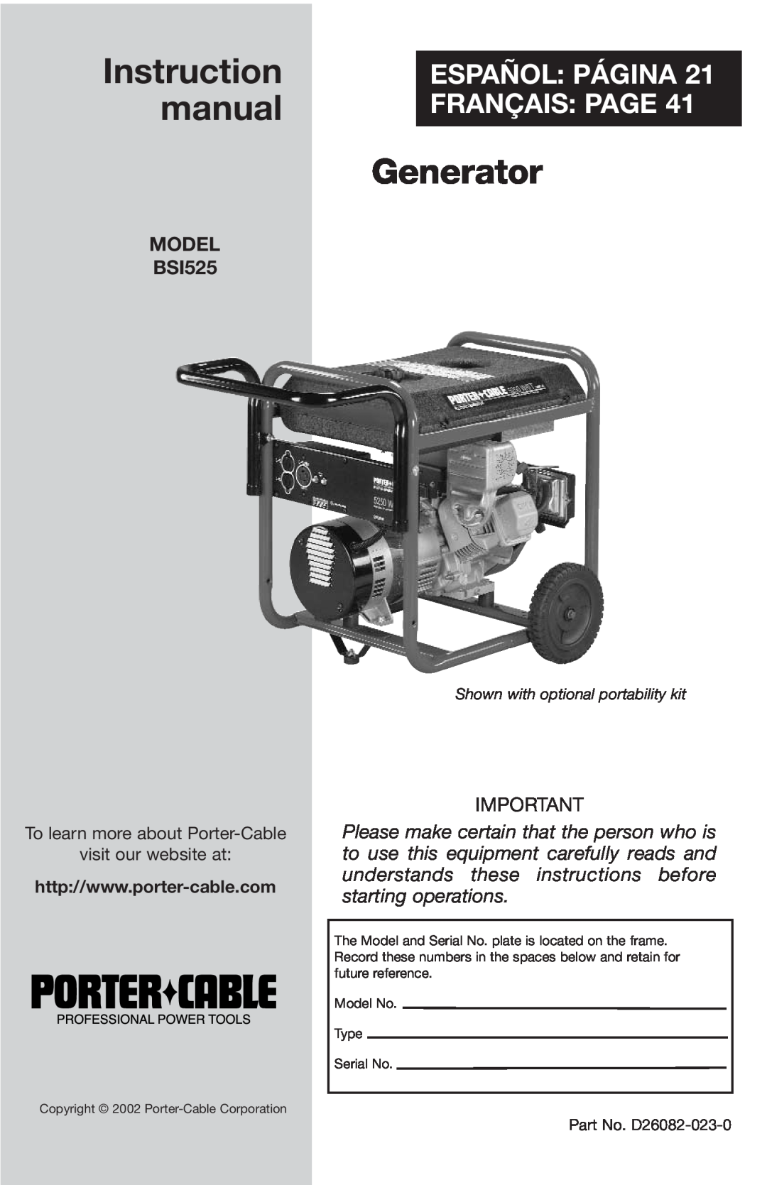 Porter-Cable instruction manual MODEL BSI525, Generator, Español Página Français Page 