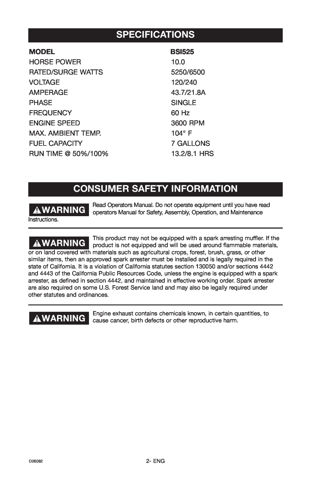 Porter-Cable BSI525 instruction manual Specifications, Consumer Safety Information, Model 