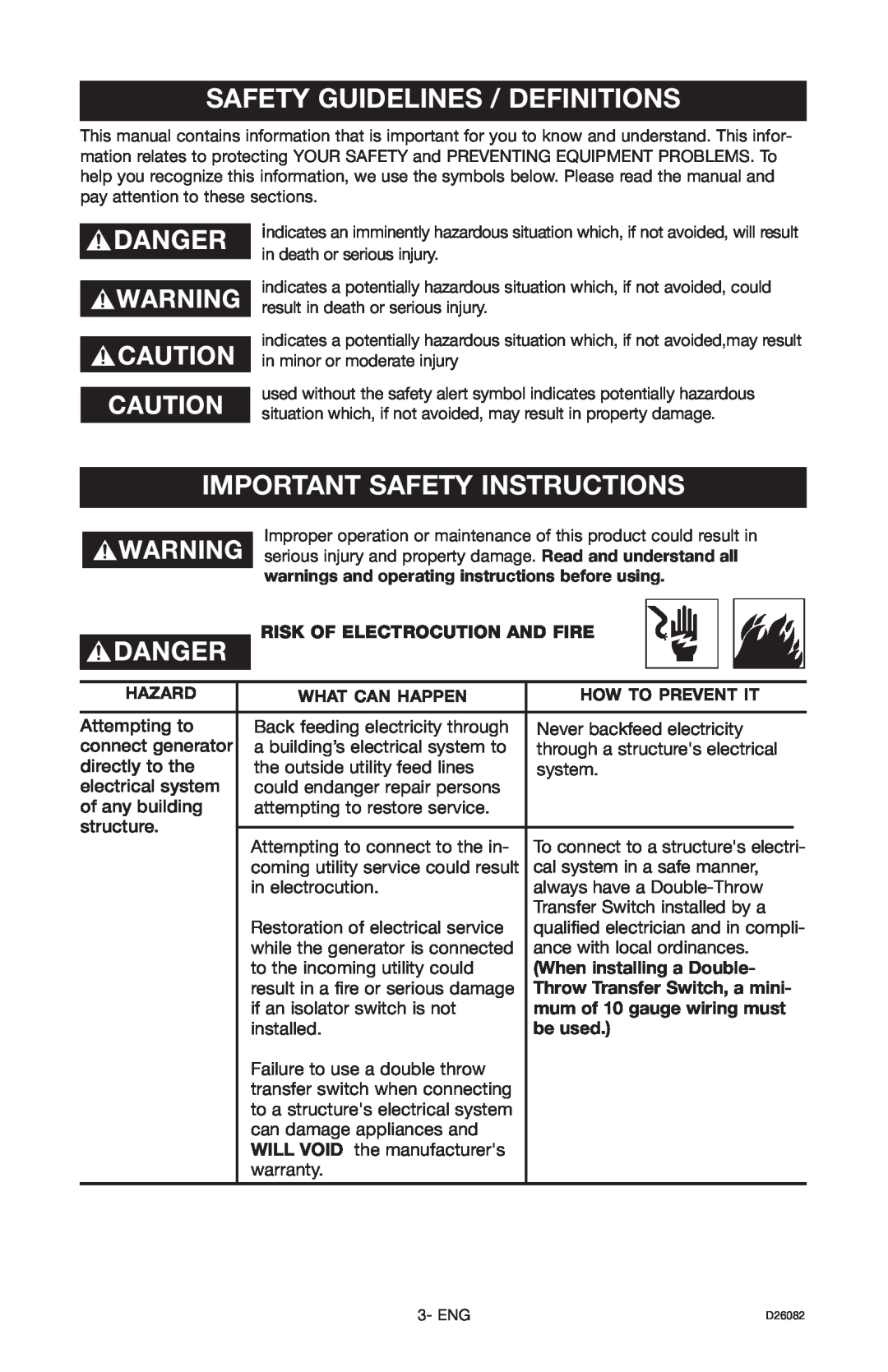 Porter-Cable BSI525 Safety Guidelines / Definitions, Important Safety Instructions, Risk Of Electrocution And Fire 