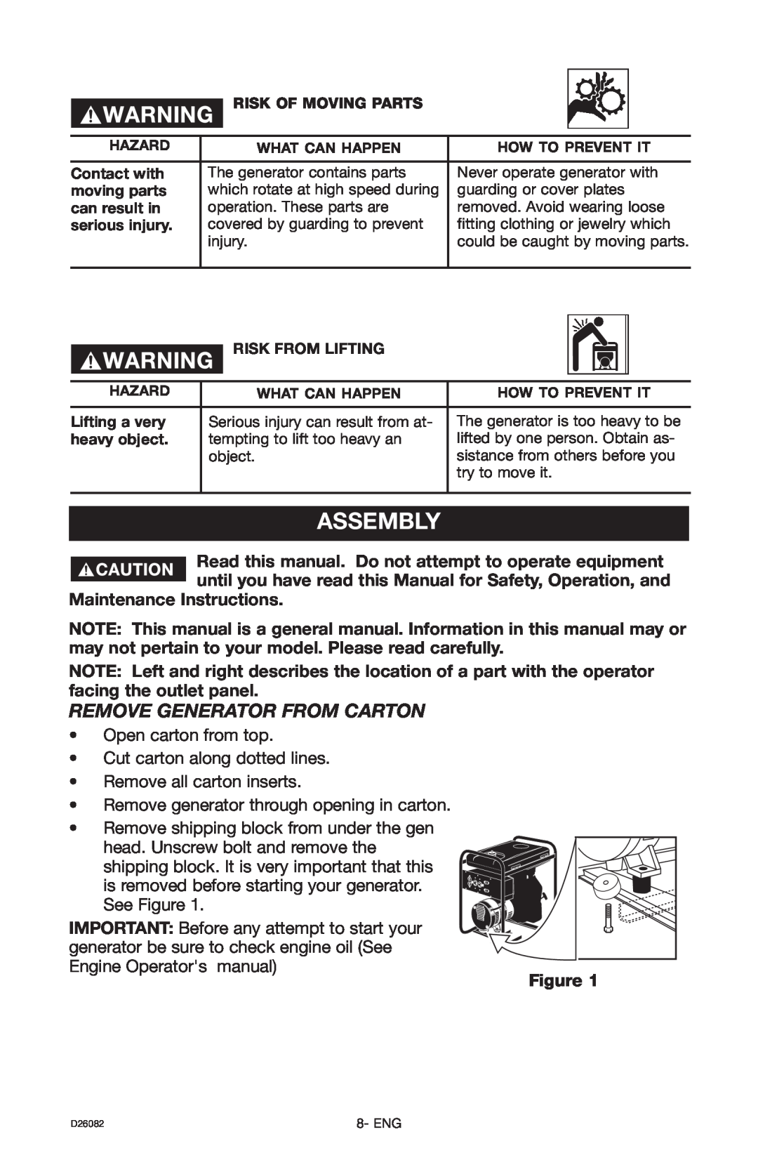 Porter-Cable BSI525 instruction manual Assembly, Remove Generator From Carton 