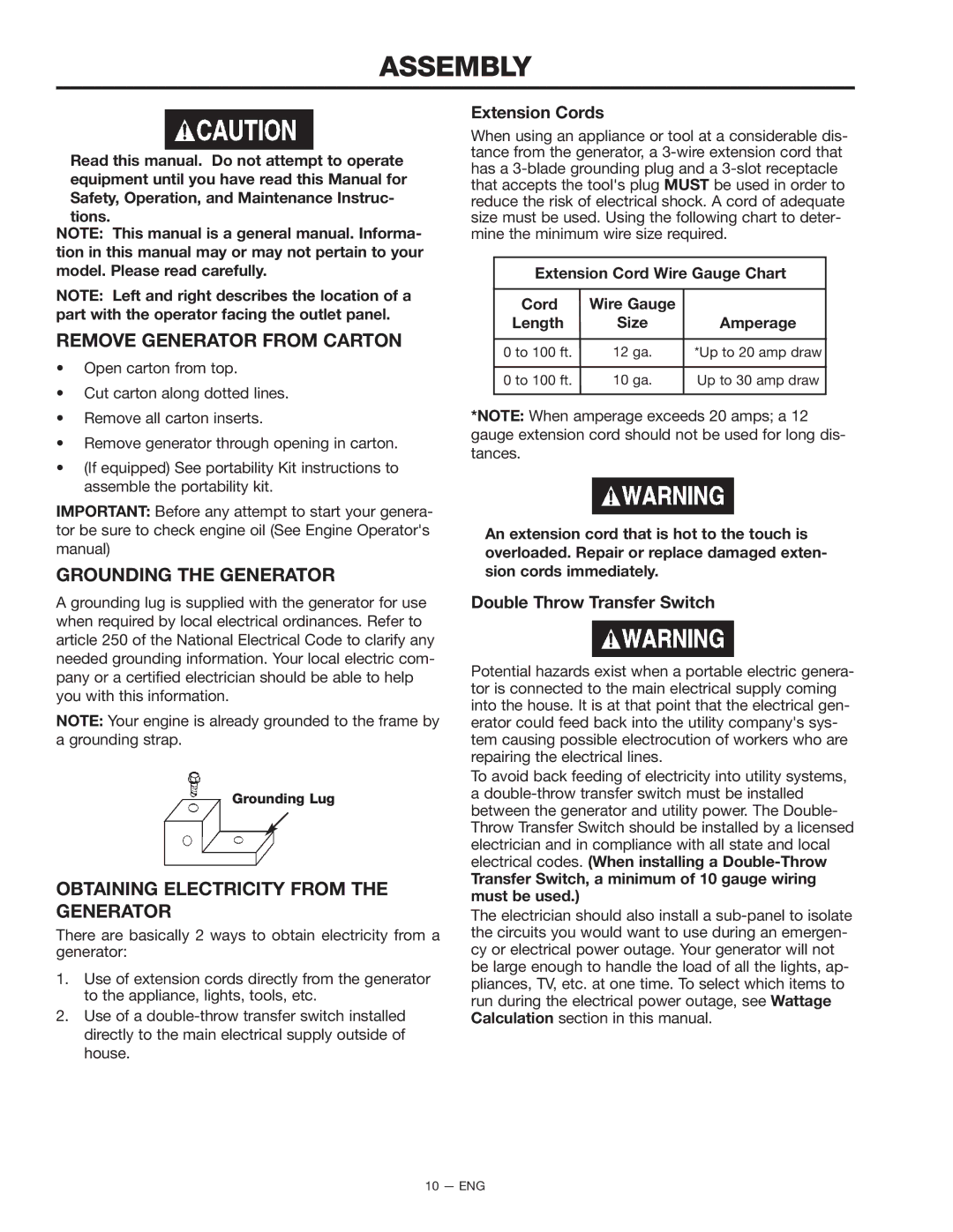 Porter-Cable BSI550 instruction manual Assembly, Remove Generator from Carton, Grounding the Generator 