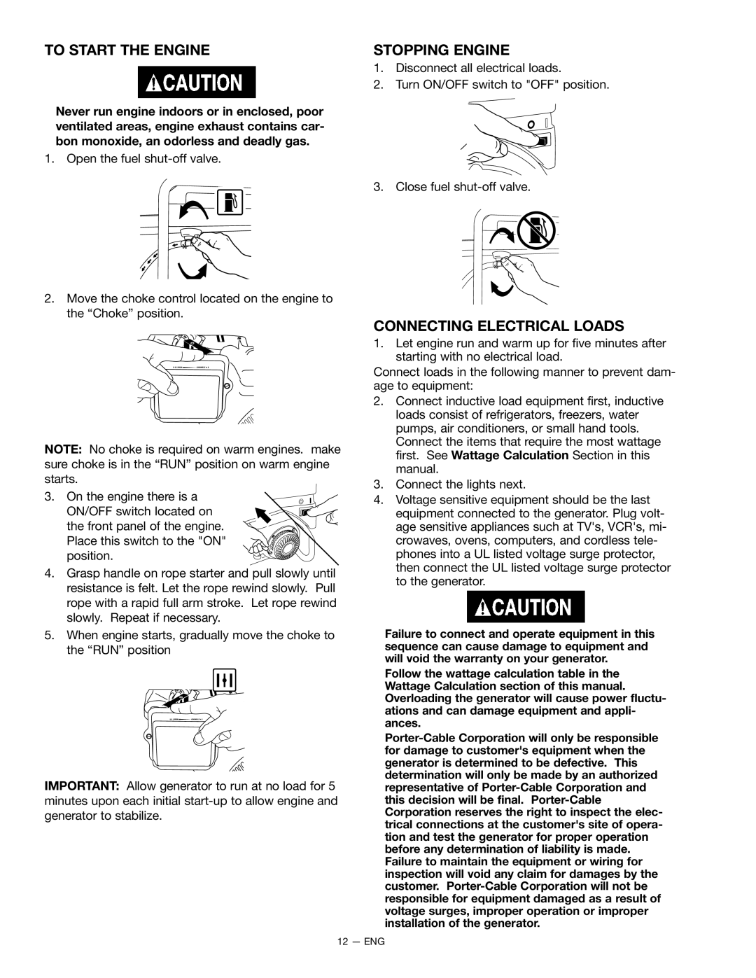 Porter-Cable BSI550 instruction manual To Start the Engine, Stopping Engine, Connecting Electrical Loads 