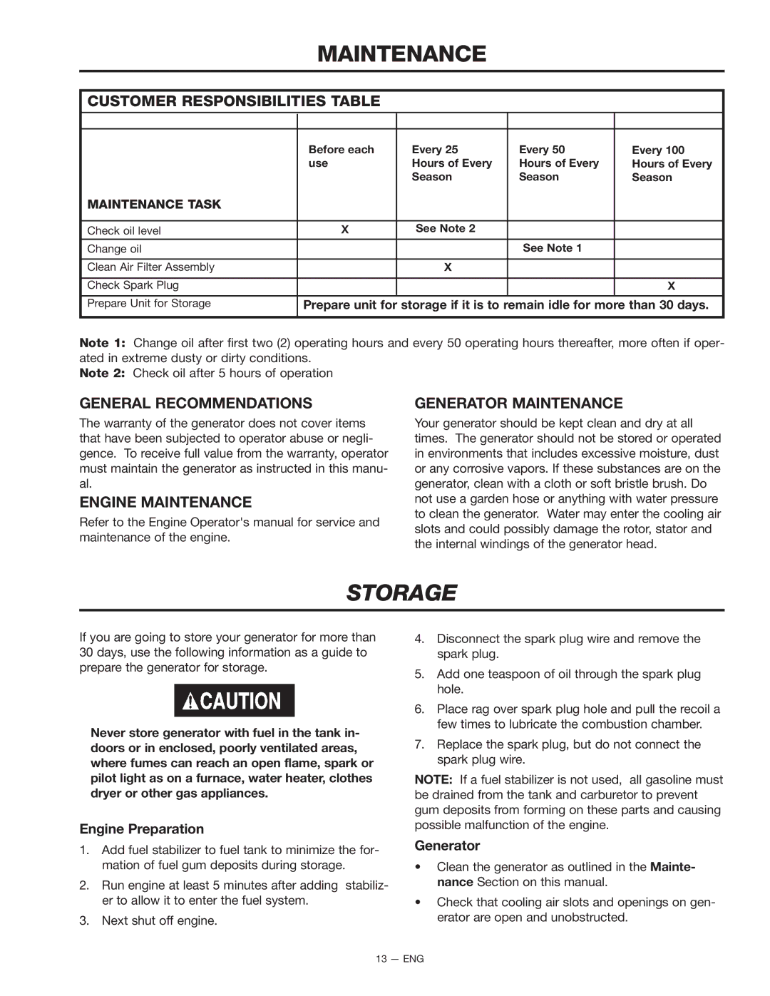 Porter-Cable BSI550 instruction manual Customer Responsibilities Table, General Recommendations, Engine Maintenance 