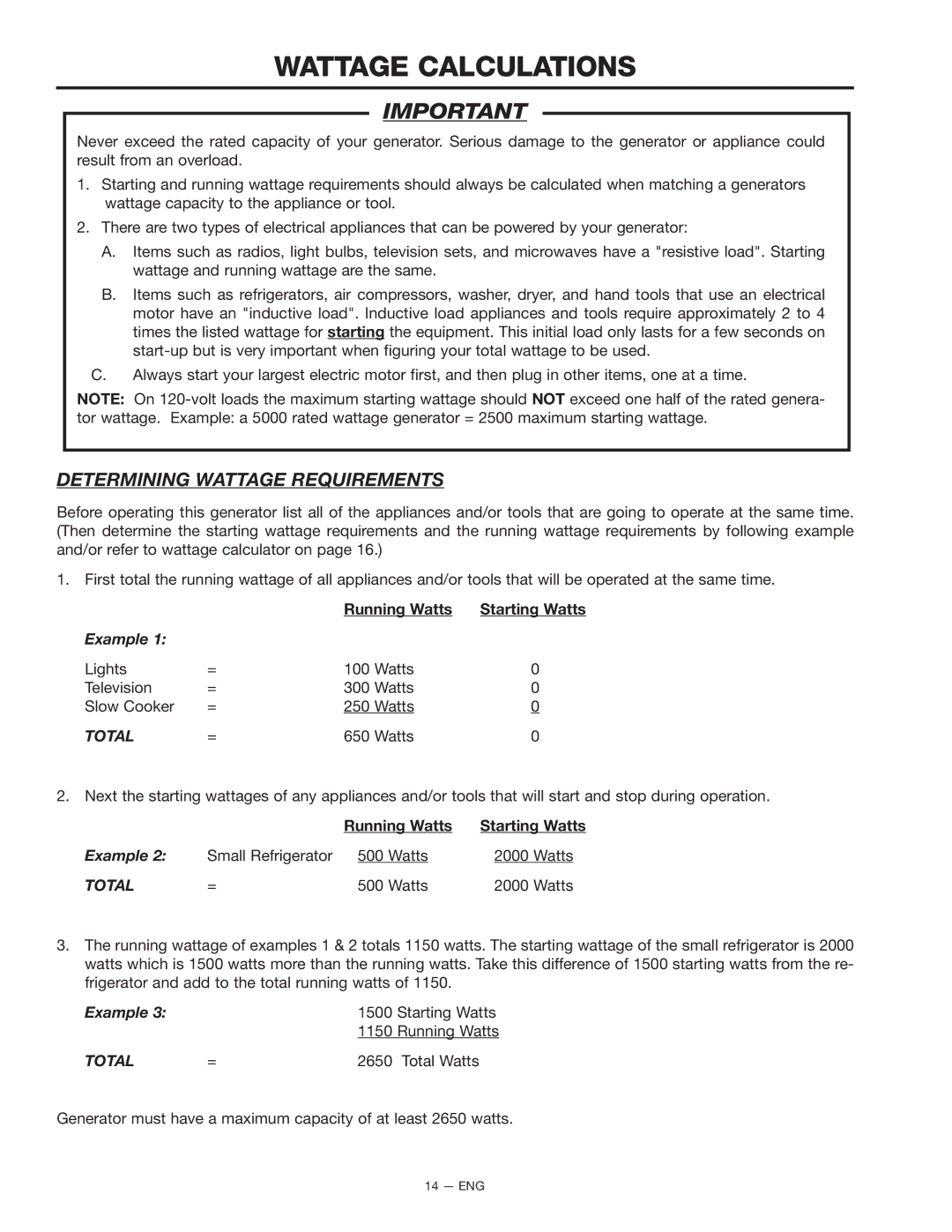 Porter-Cable BSI550 instruction manual Wattage Calculations, Running Watts Starting Watts 