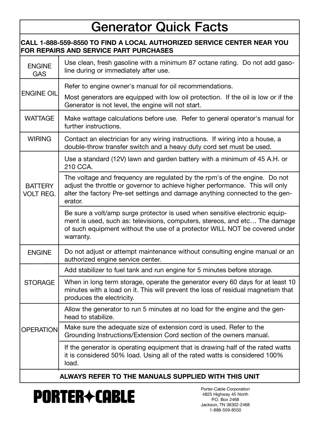 Porter-Cable BSI550 instruction manual Generator Quick Facts, Always Refer to the Manuals Supplied with this Unit 